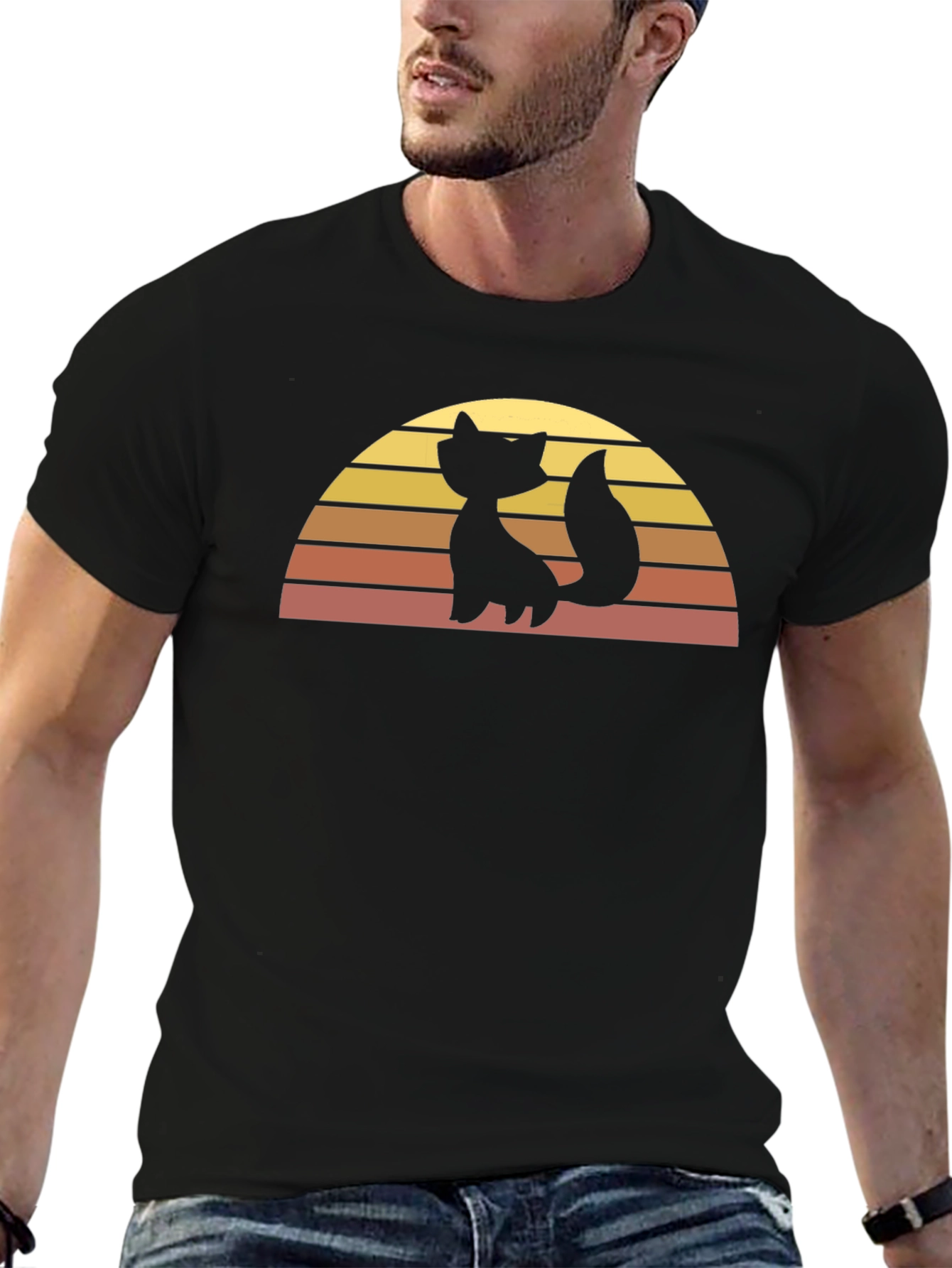 Black Retro Cat Sunset Graphic Tee - Black Cotton T-Shirt view 6