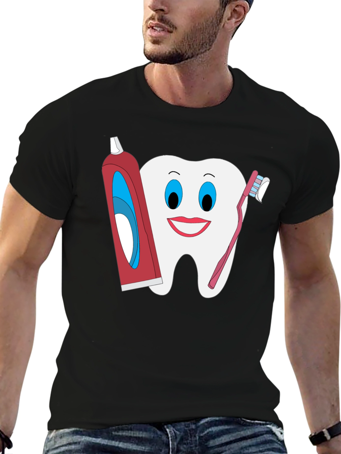 Black Funny Tooth T-Shirt: Dental Hygiene Cartoon Tee view 6