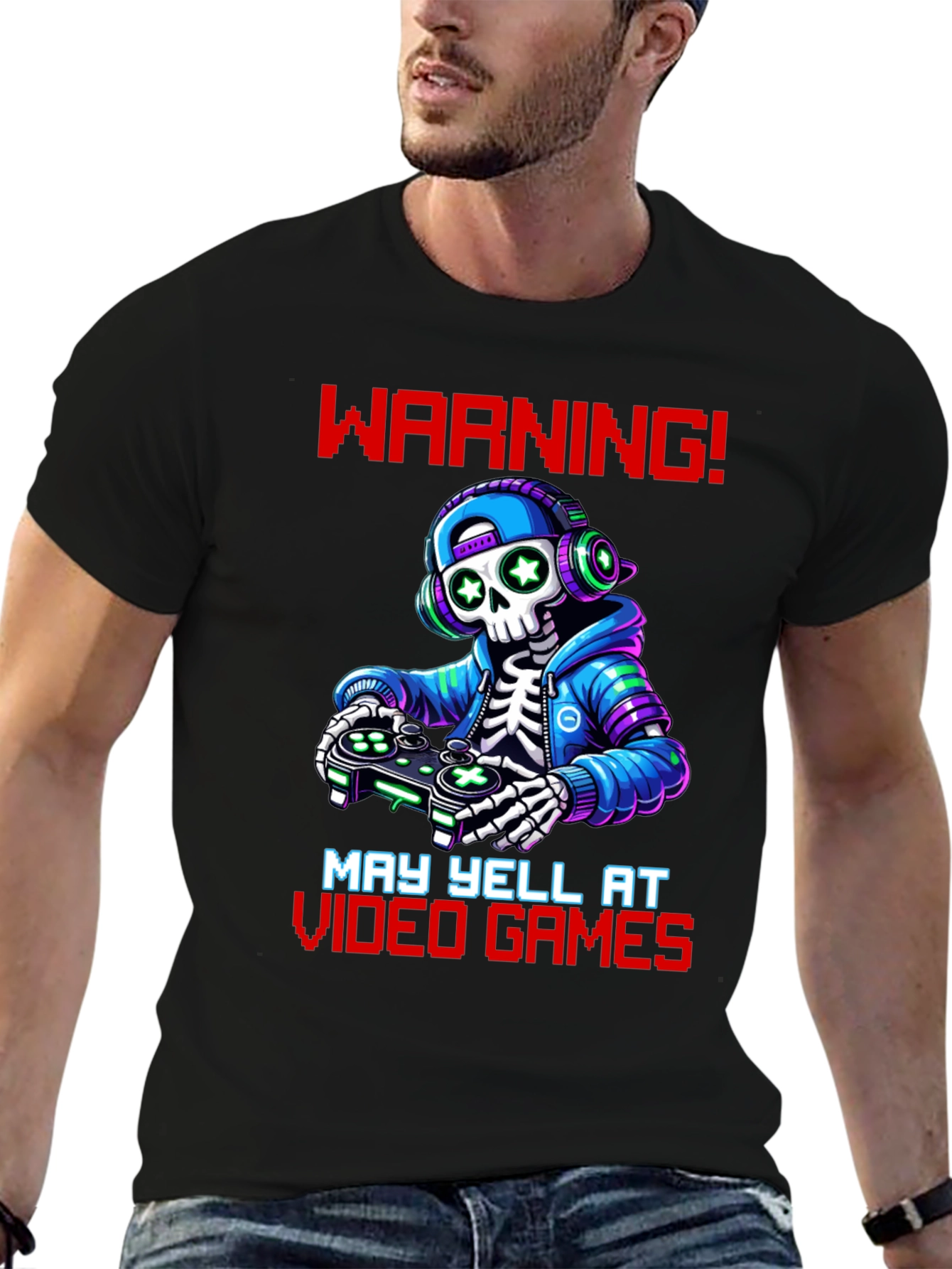 Black Gamer Skeleton T-Shirt - Warning May Yell! view 6