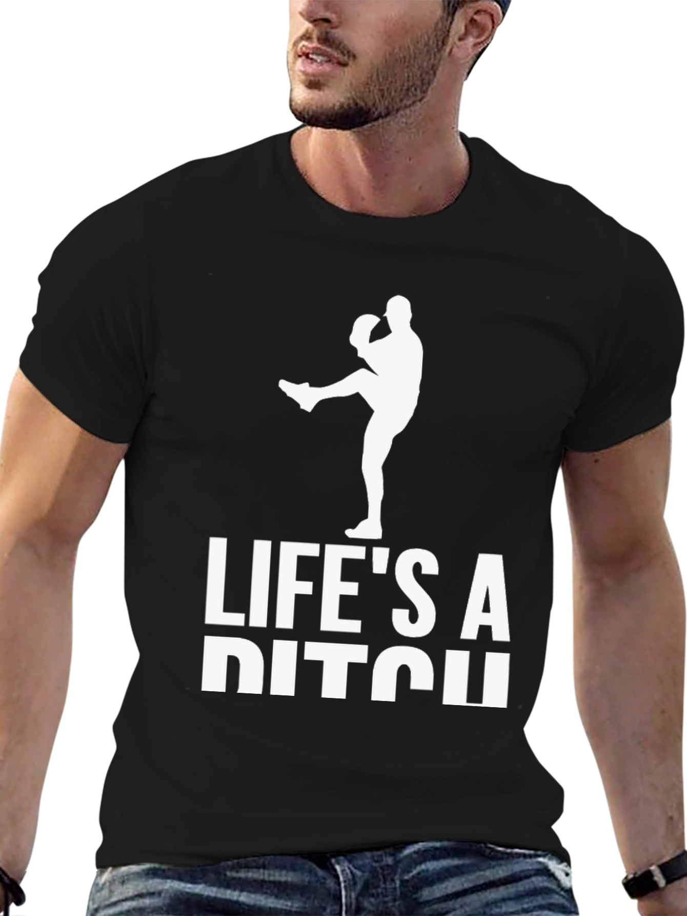 Black Life's A Pitch Funny Baseball T-Shirt view 6