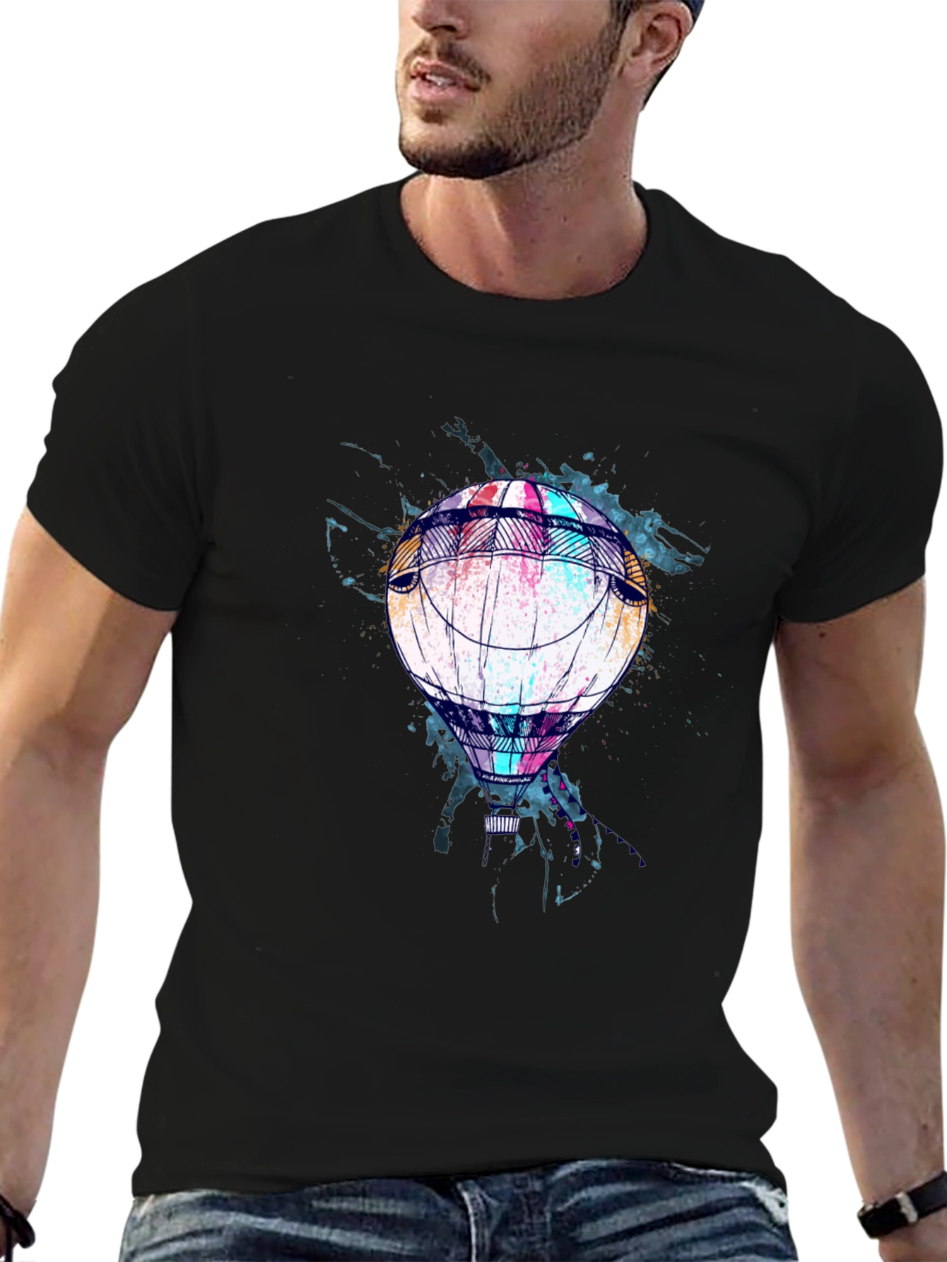 Black Air Balloon Graphic Tee - Soft Black Cotton Casual Wear view 6