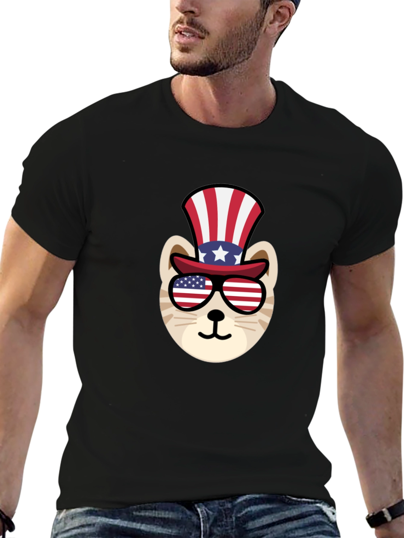 Black Patriotic Cat T-Shirt: American Flag Top Hat & Glasses view 6