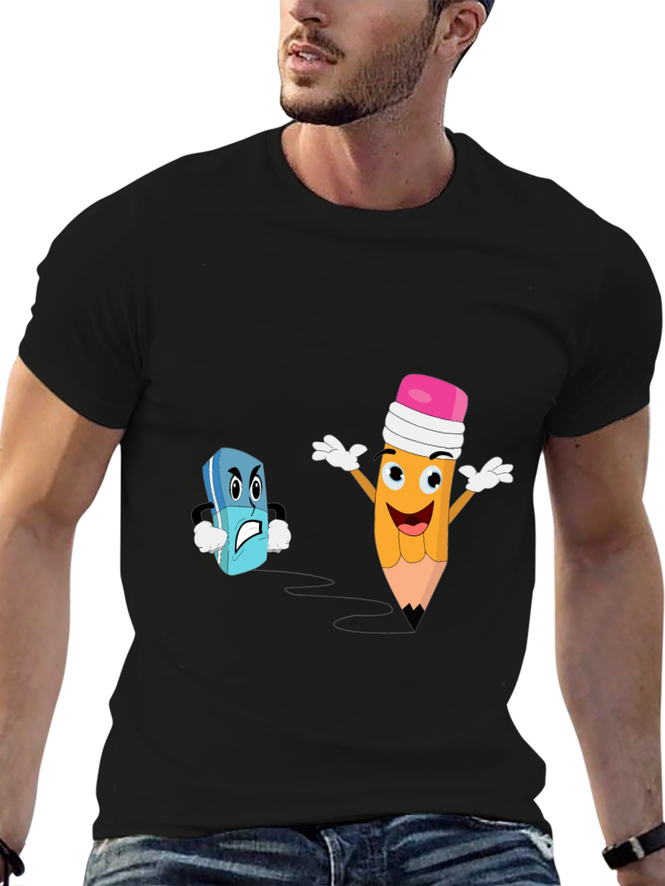 Black Funny Pencil vs Eraser Cartoon Black T-Shirt view 6
