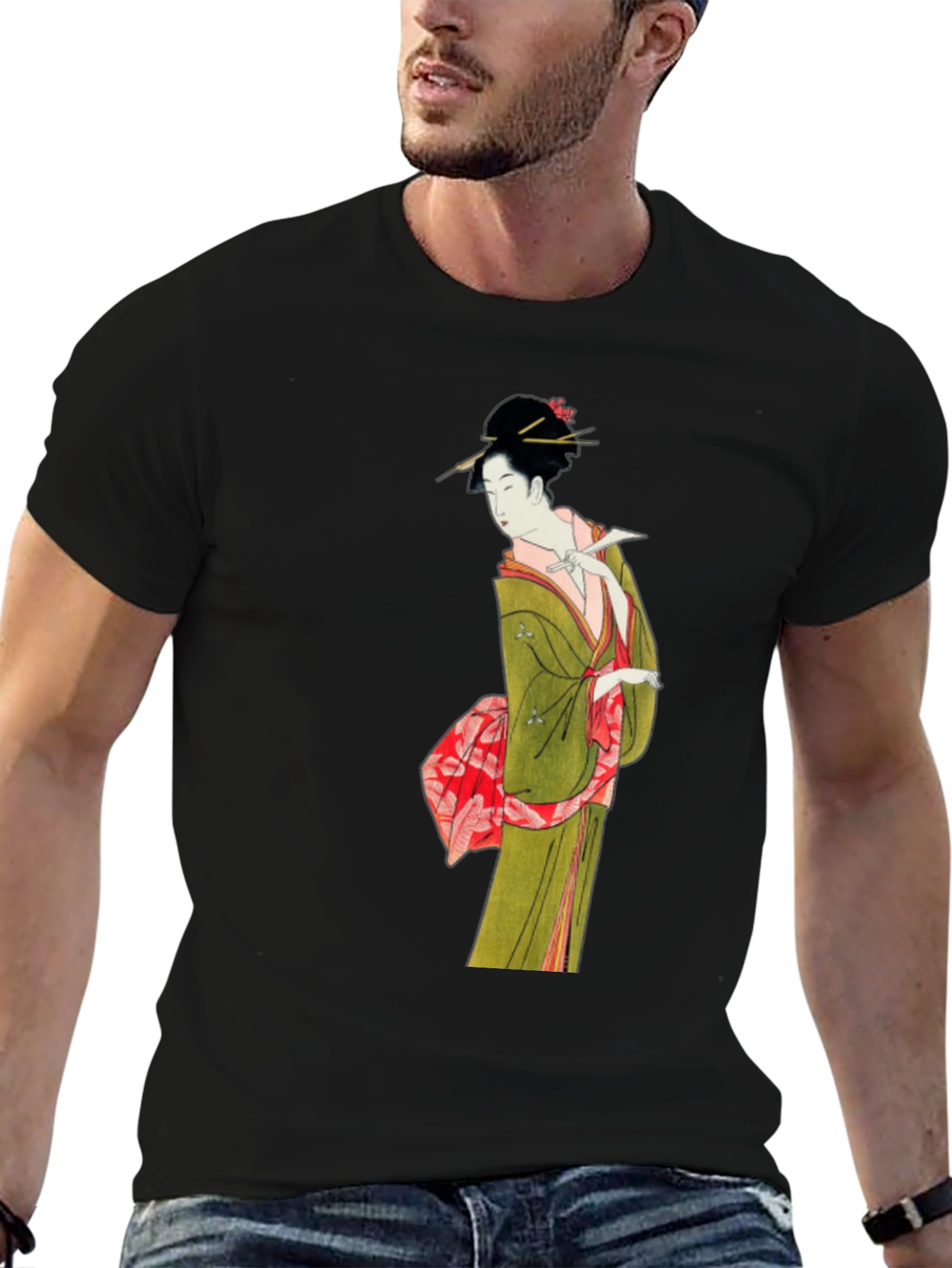 Black Japanese Geisha Art T-Shirt - Unique Ukiyo-e Design view 6