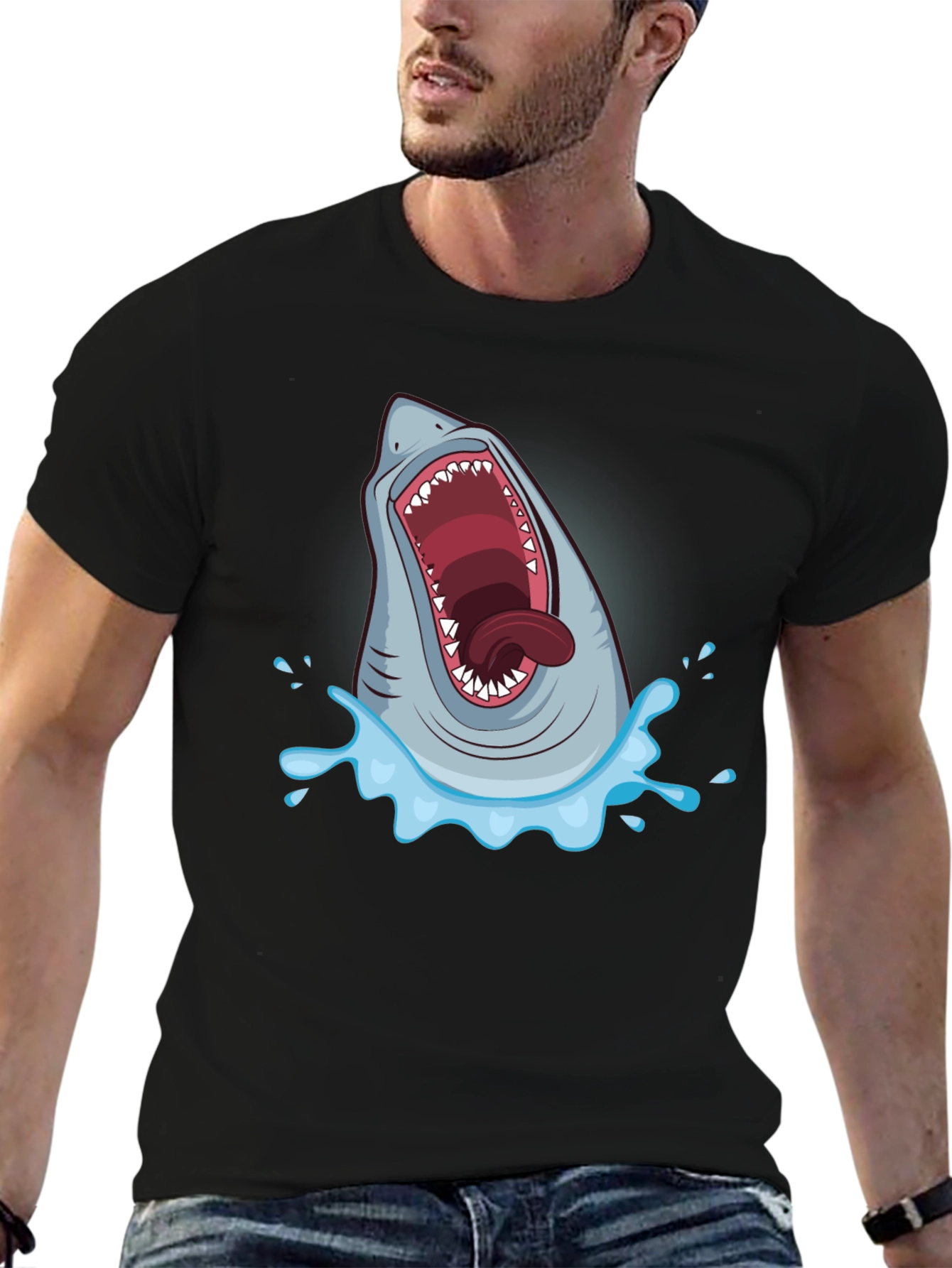 Black Shark Attack Graphic Tee - Men's Black T-Shirt view 6