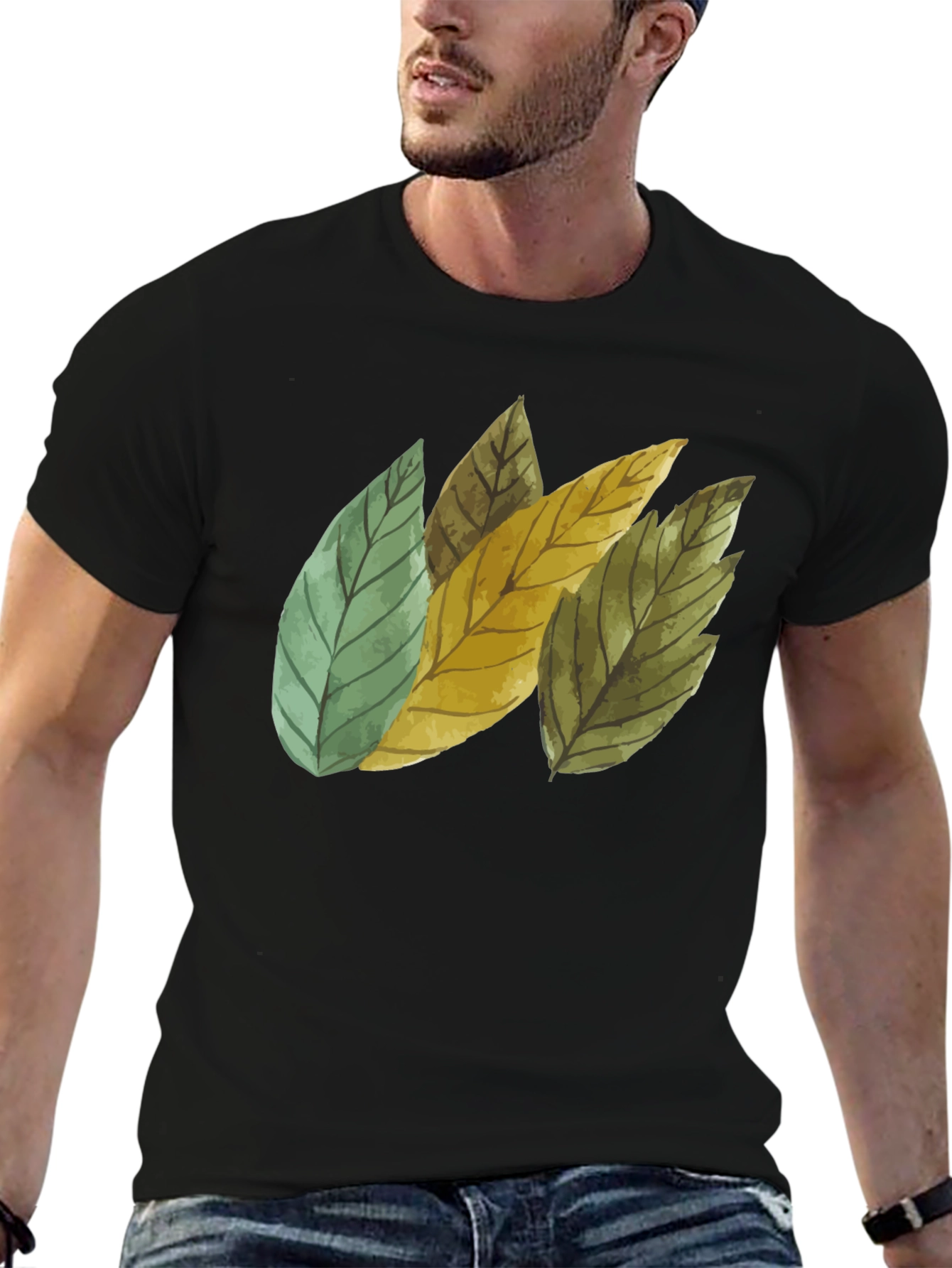 Black Leaf Design Black Cotton T-Shirt view 6