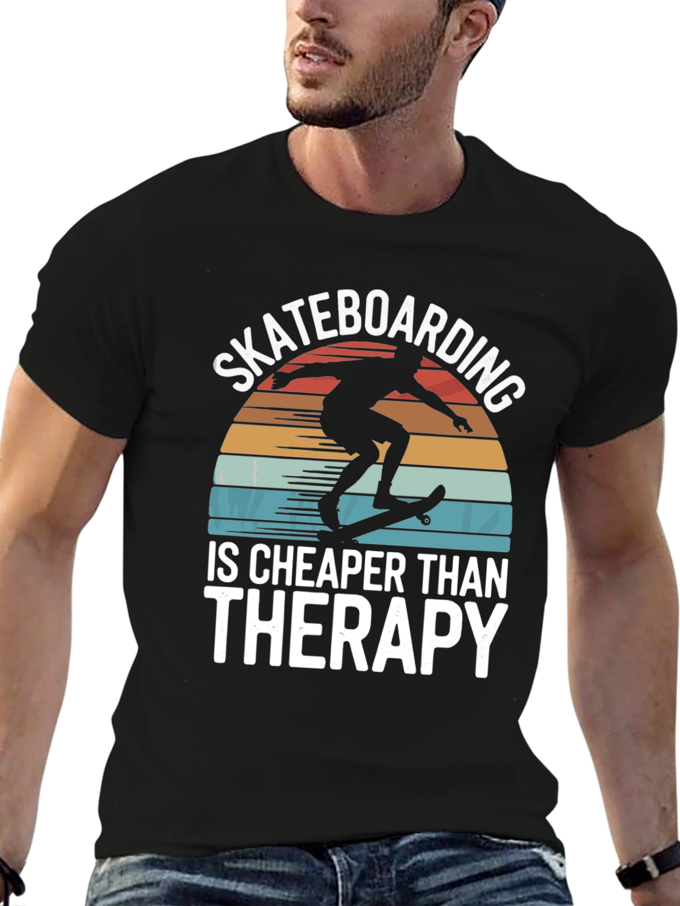 Black Skateboarding is Cheaper Than Therapy Graphic Tee view 6