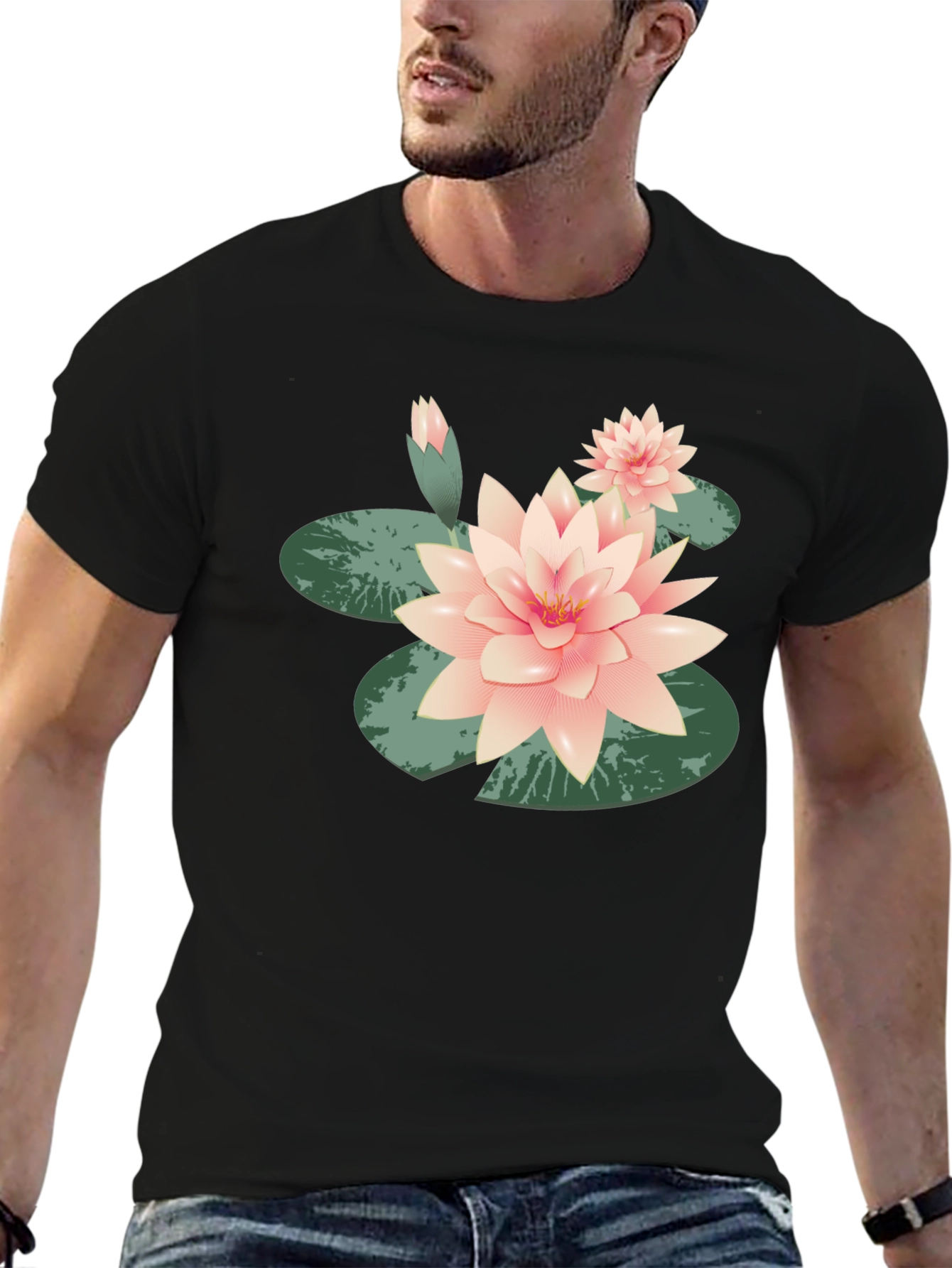 Black Lotus Flower Graphic Tee - Black Cotton Casual view 6