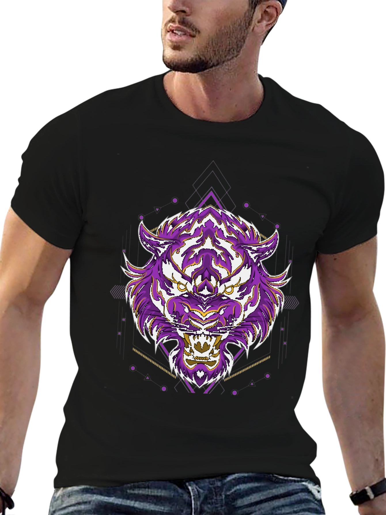 Black Geometric Tiger Graphic Tee - Cool Streetwear view 6