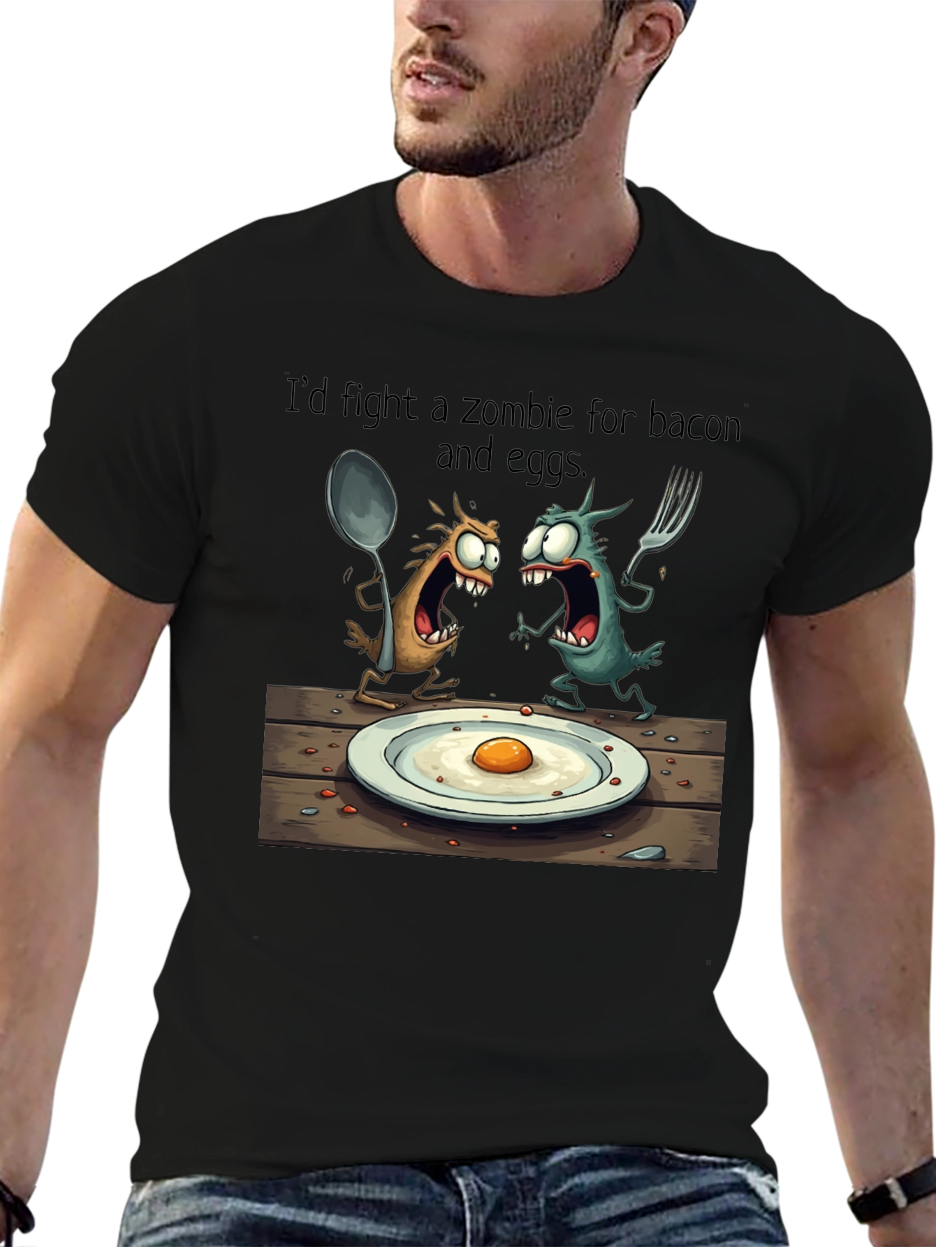 Black Zombie Bacon & Eggs T-Shirt: Funny Cartoon Foodie Tee view 6