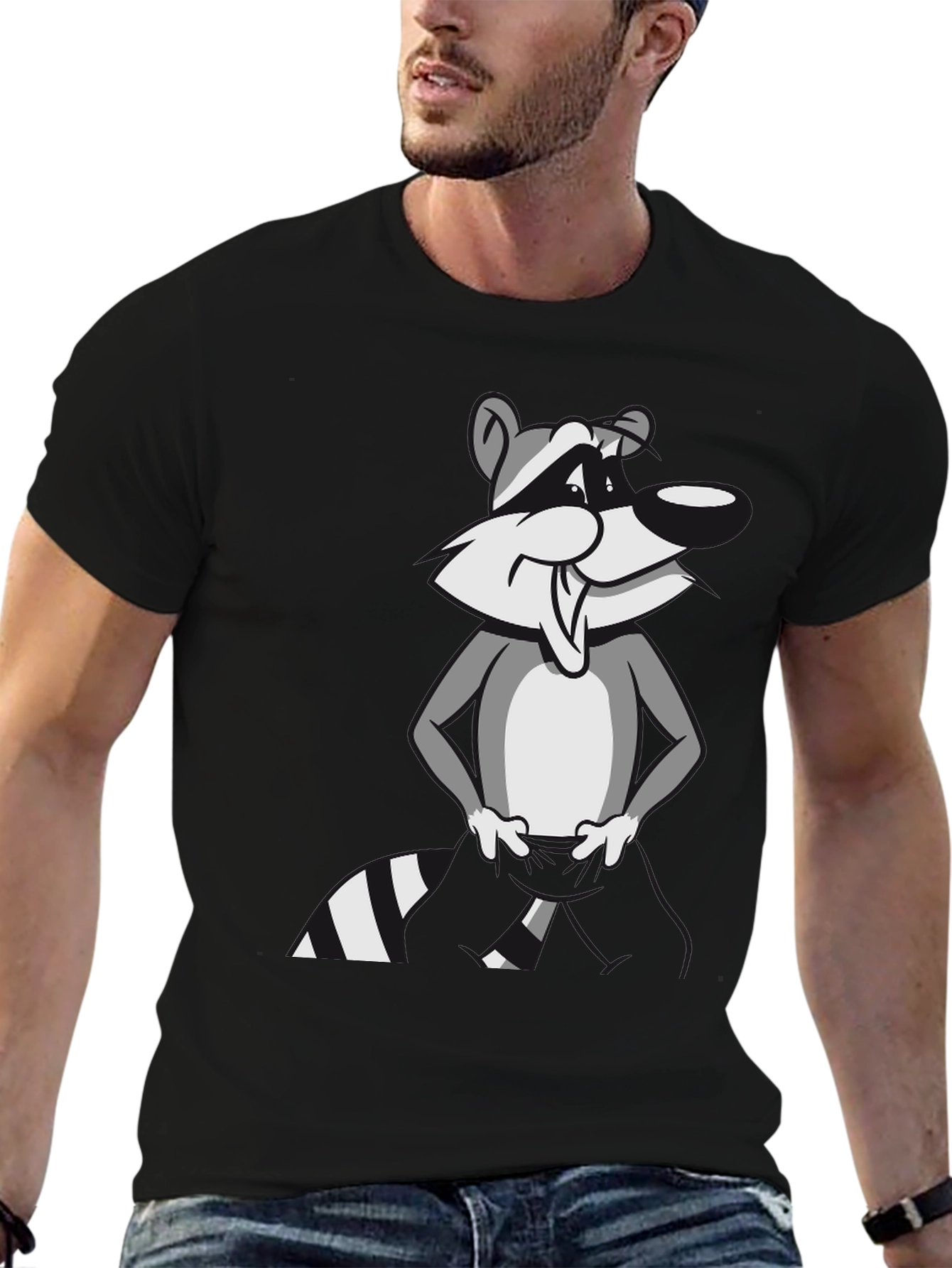Black Cartoon Raccoon Graphic T-Shirt - Stylish Black Tee view 6