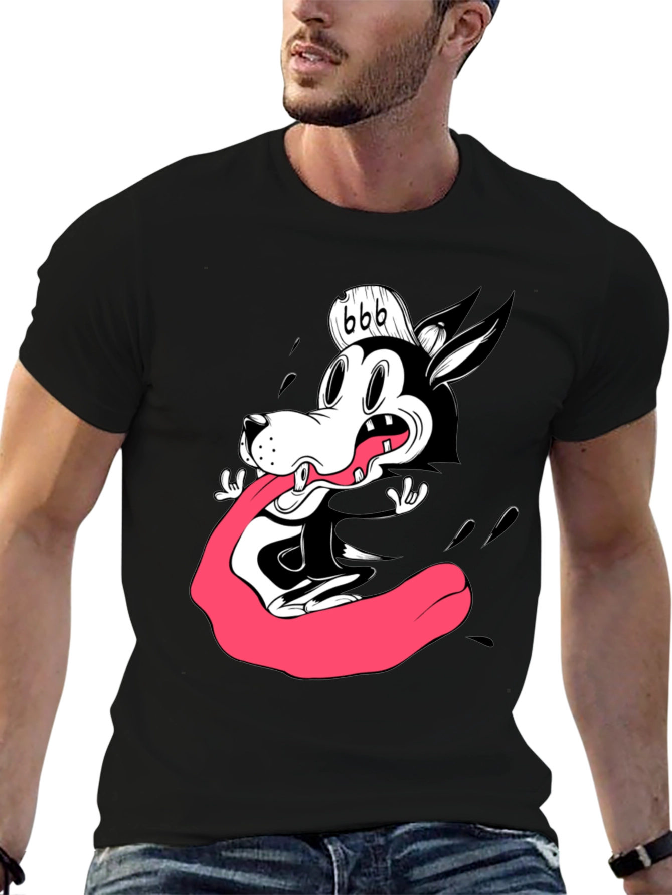 Black Cartoon Wolf Graphic Tee - Black Cotton T-Shirt view 6