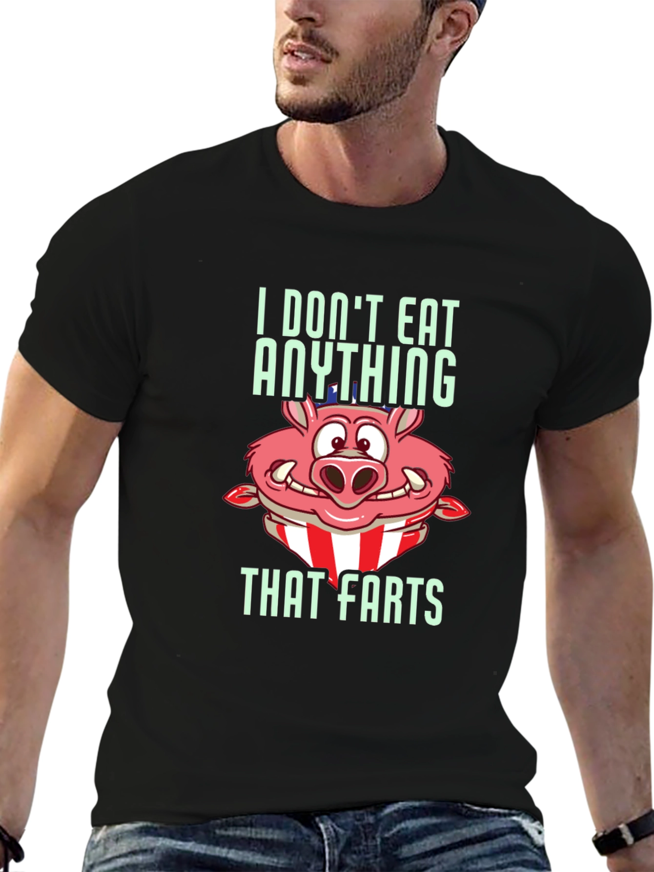 Black Funny Pig T-Shirt - I Don't Eat Anything That Farts view 6