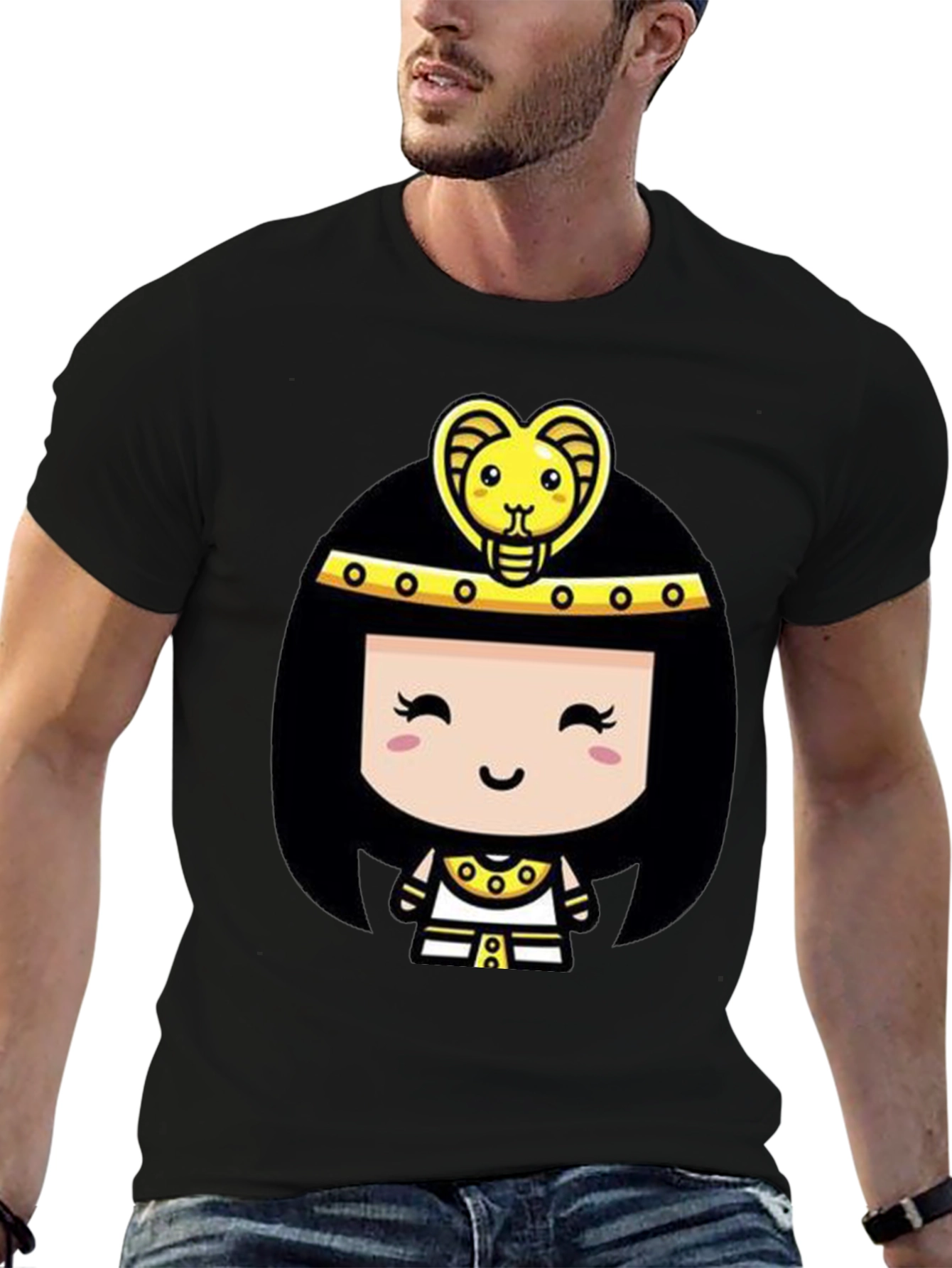 Black Egyptian Queen Cartoon Graphic Tee - Black Cotton T-Shirt view 6