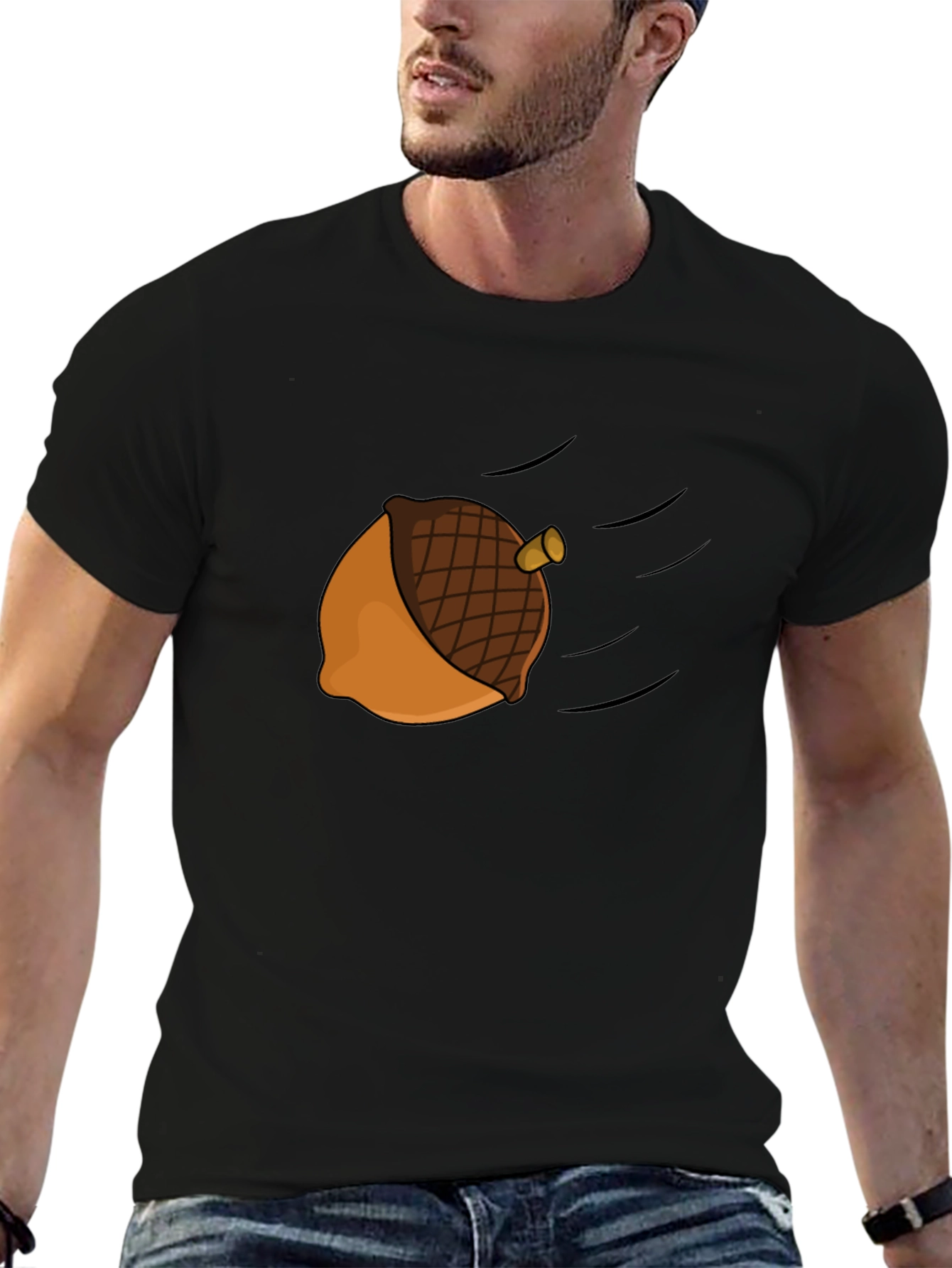 Black Acorn Cartoon Graphic Tee - Black Casual T-Shirt view 6