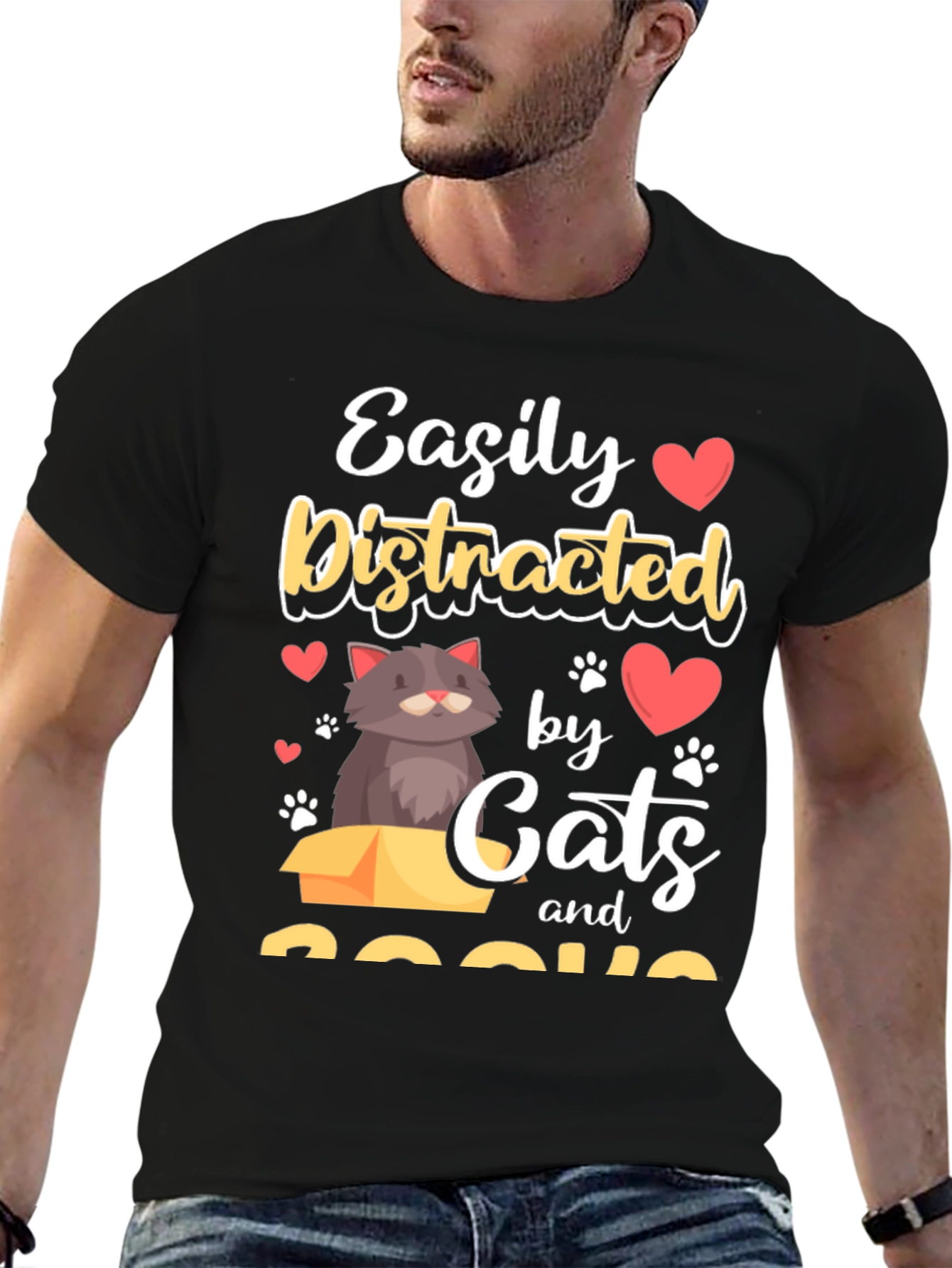 Black Easily Distracted by Cats and Books T-Shirt view 6