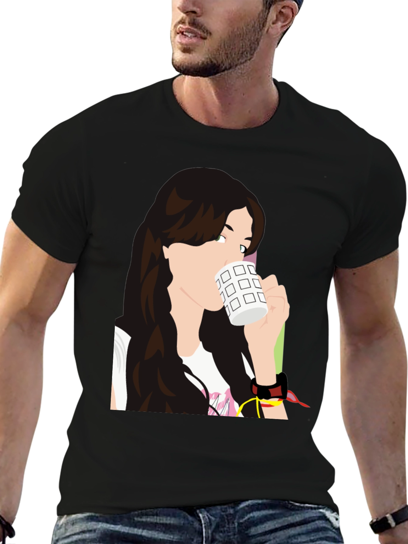 Black Stylish Woman Drinking Coffee Graphic T-Shirt view 6