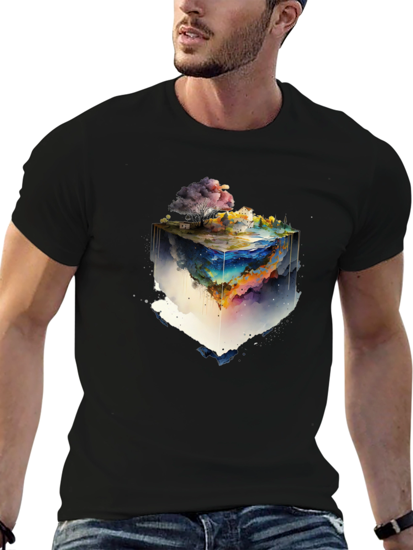 Black Watercolor World Cube Graphic Tee view 6