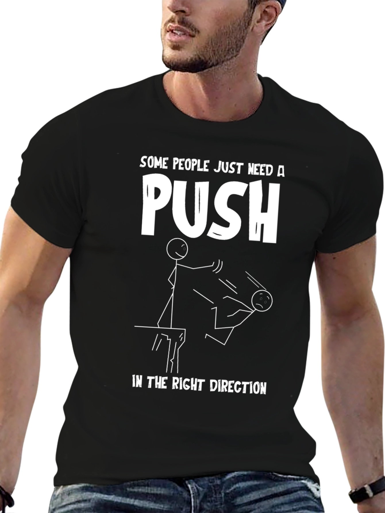 Black Funny 'Push' Graphic Tee - Black Cotton view 6