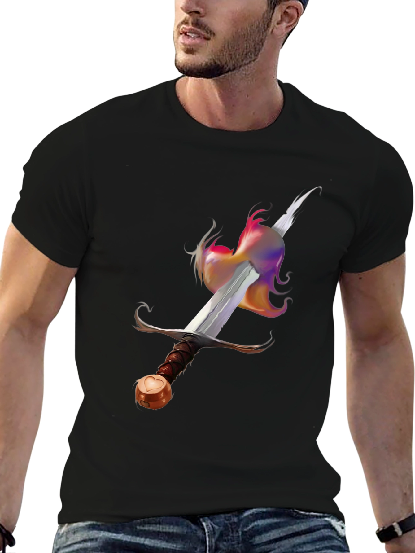 Black Sword & Rainbow Flame Graphic Tee - Unique Design! view 6