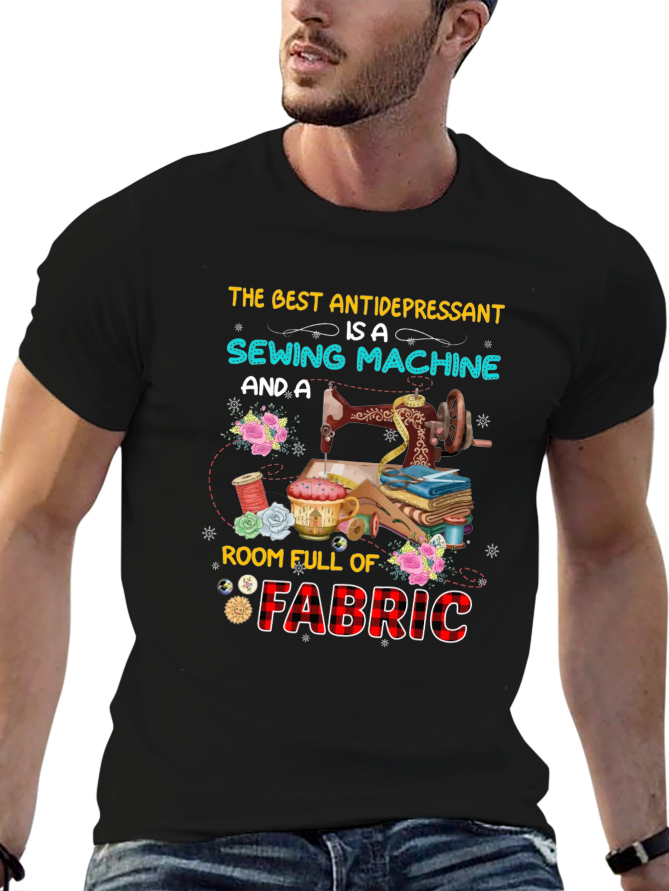 Black Sewing Machine & Fabric Lover T-Shirt view 6