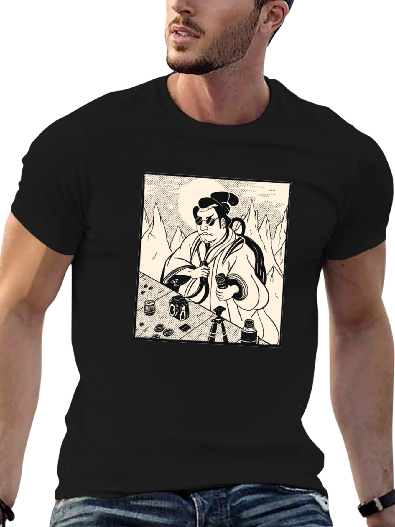 Black Samurai Photographer Black T-Shirt - Unique Graphic Tee view 6