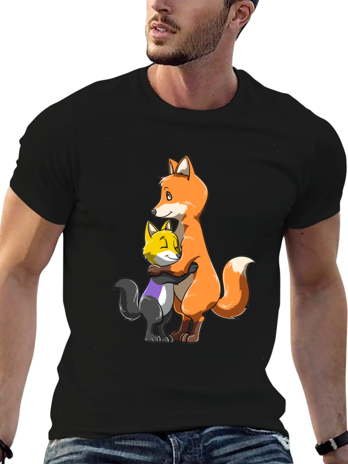 Black Fox Hug T-Shirt - Cute Cartoon Animal Graphic Tee view 6