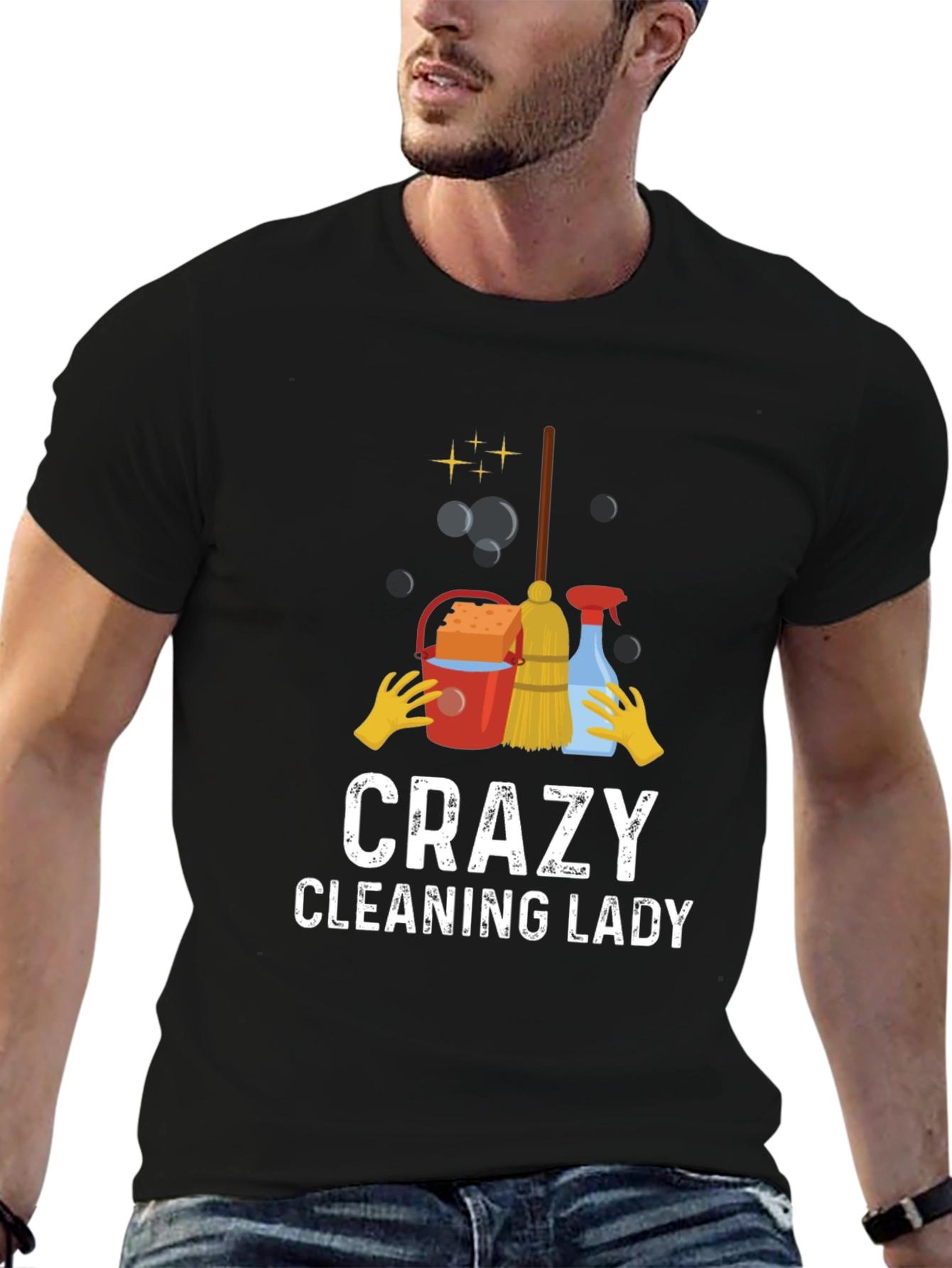 Black Crazy Cleaning Lady T-Shirt - Funny Housekeeping Tee view 6