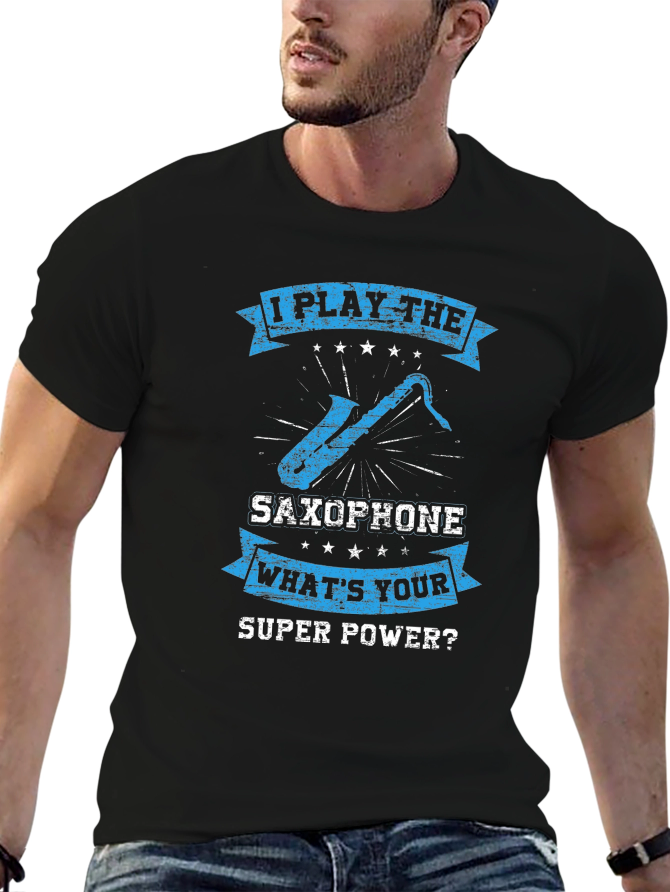 Black Saxophone Superpower T-Shirt - Musician Tee view 6