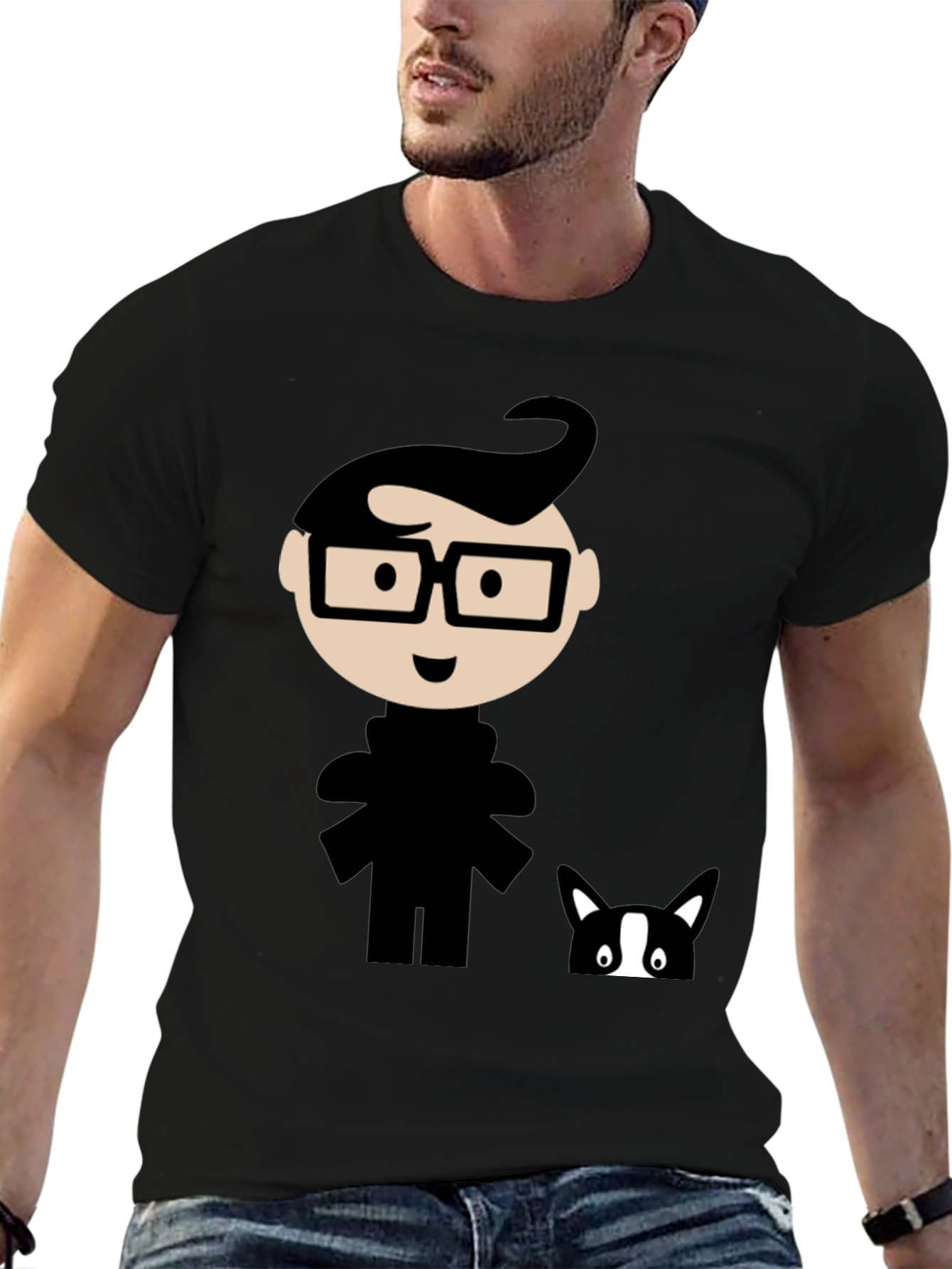Black Geeky Cartoon Graphic T-Shirt - Black view 6