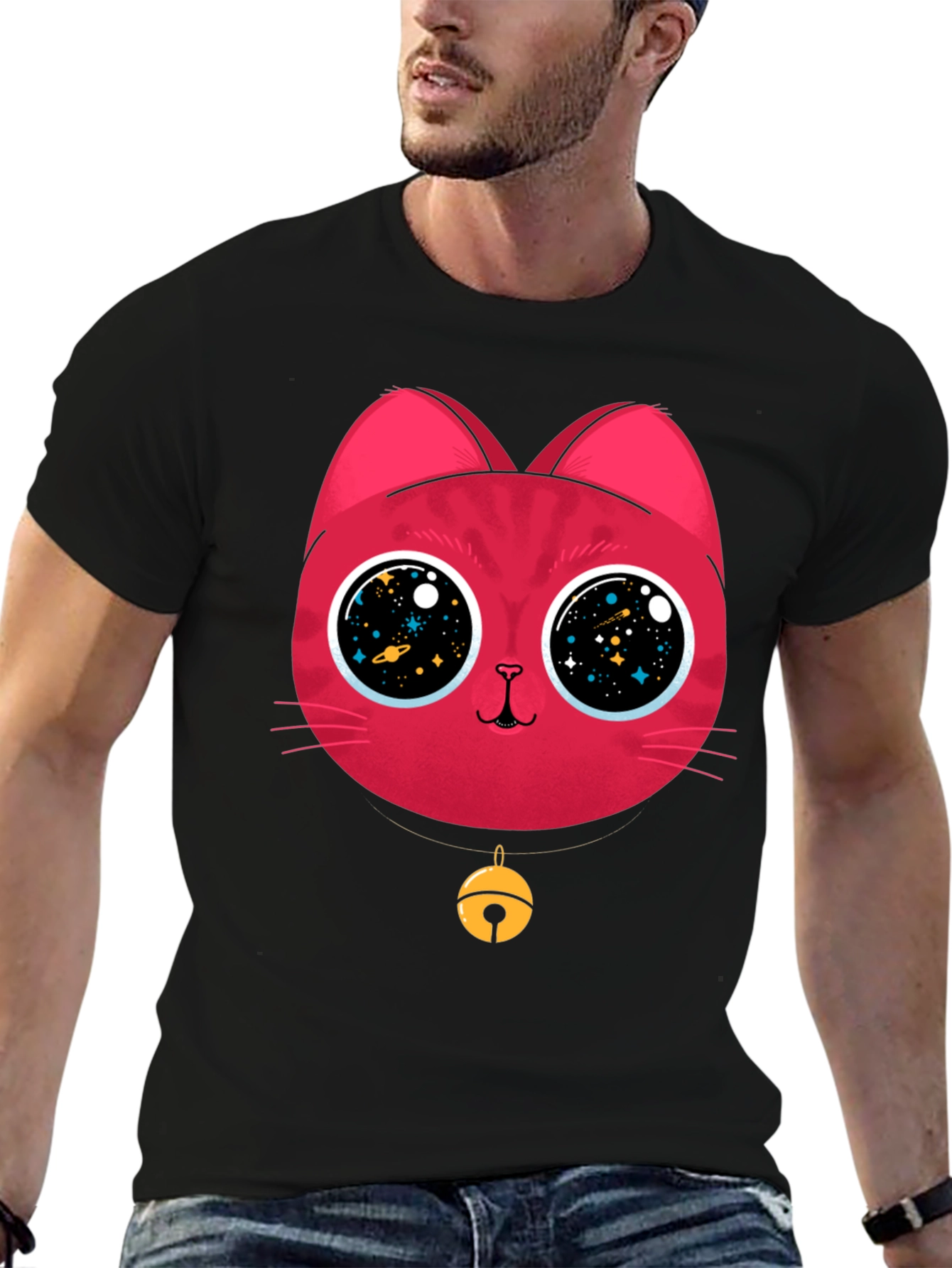 Black Cosmic Cat Tee - Galaxy Eyes Graphic T-Shirt view 6