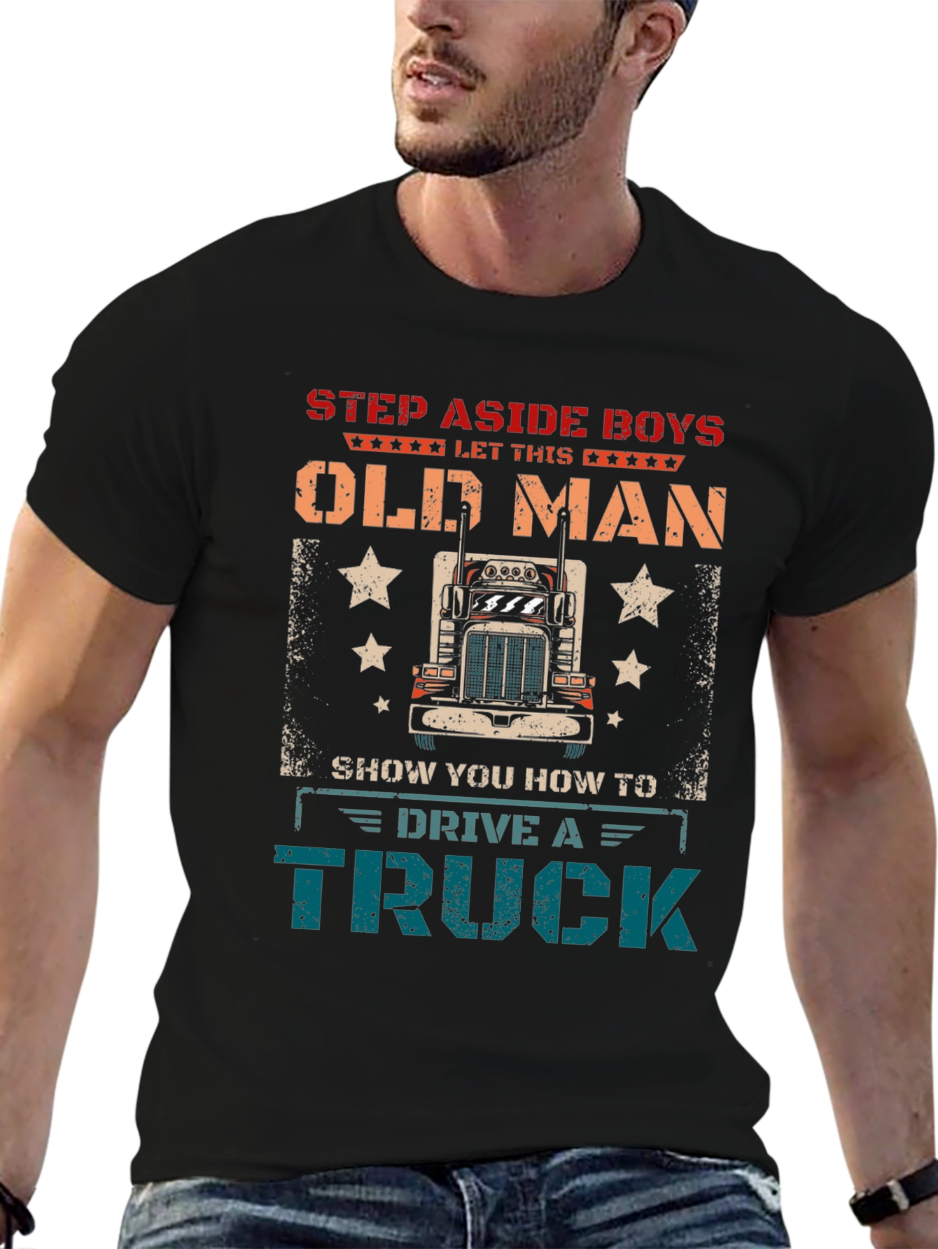 Black Step Aside Old Man Trucker T-Shirt view 6