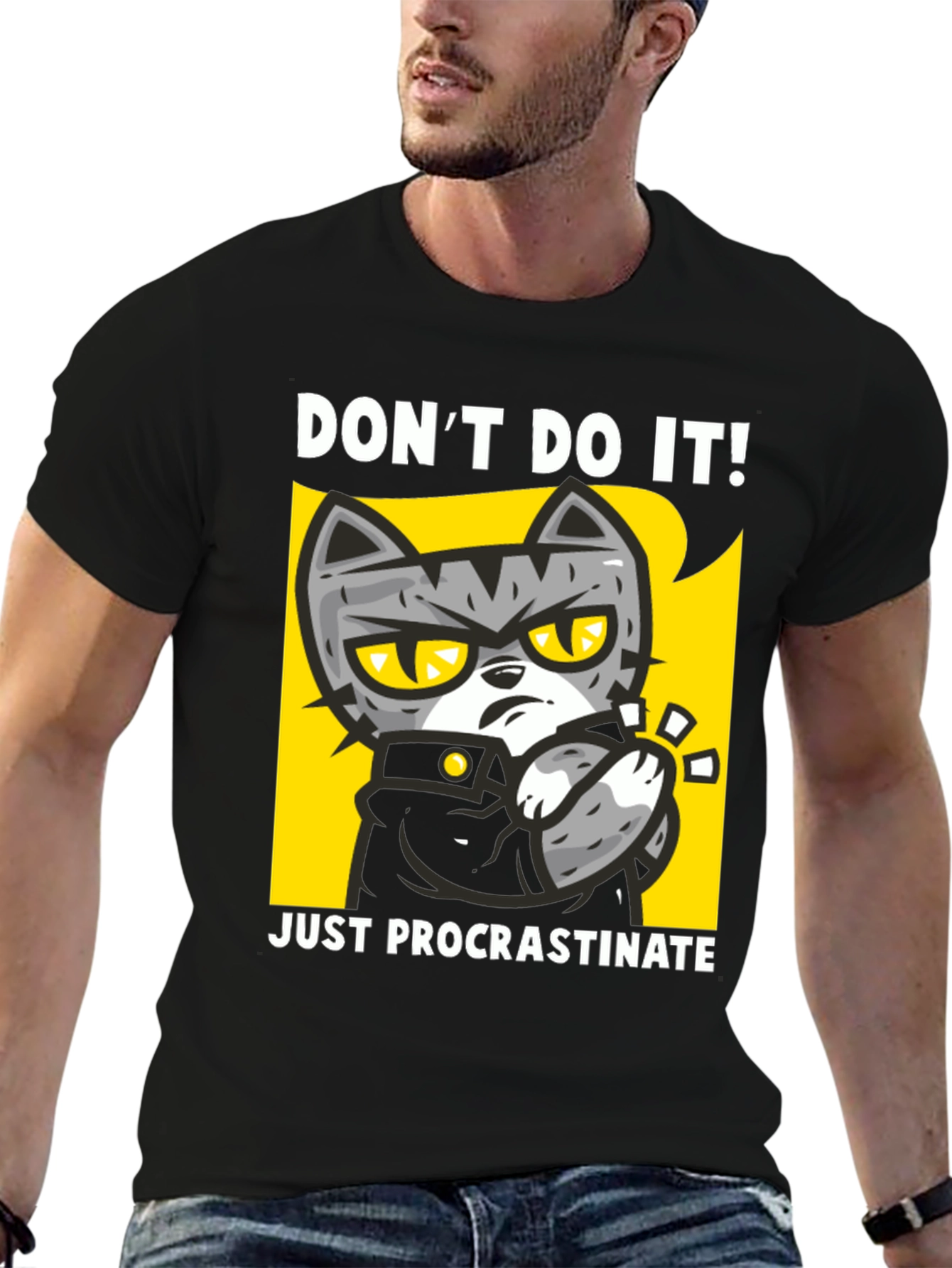 Black Funny Procrastinate Cat Graphic Black T-Shirt view 6