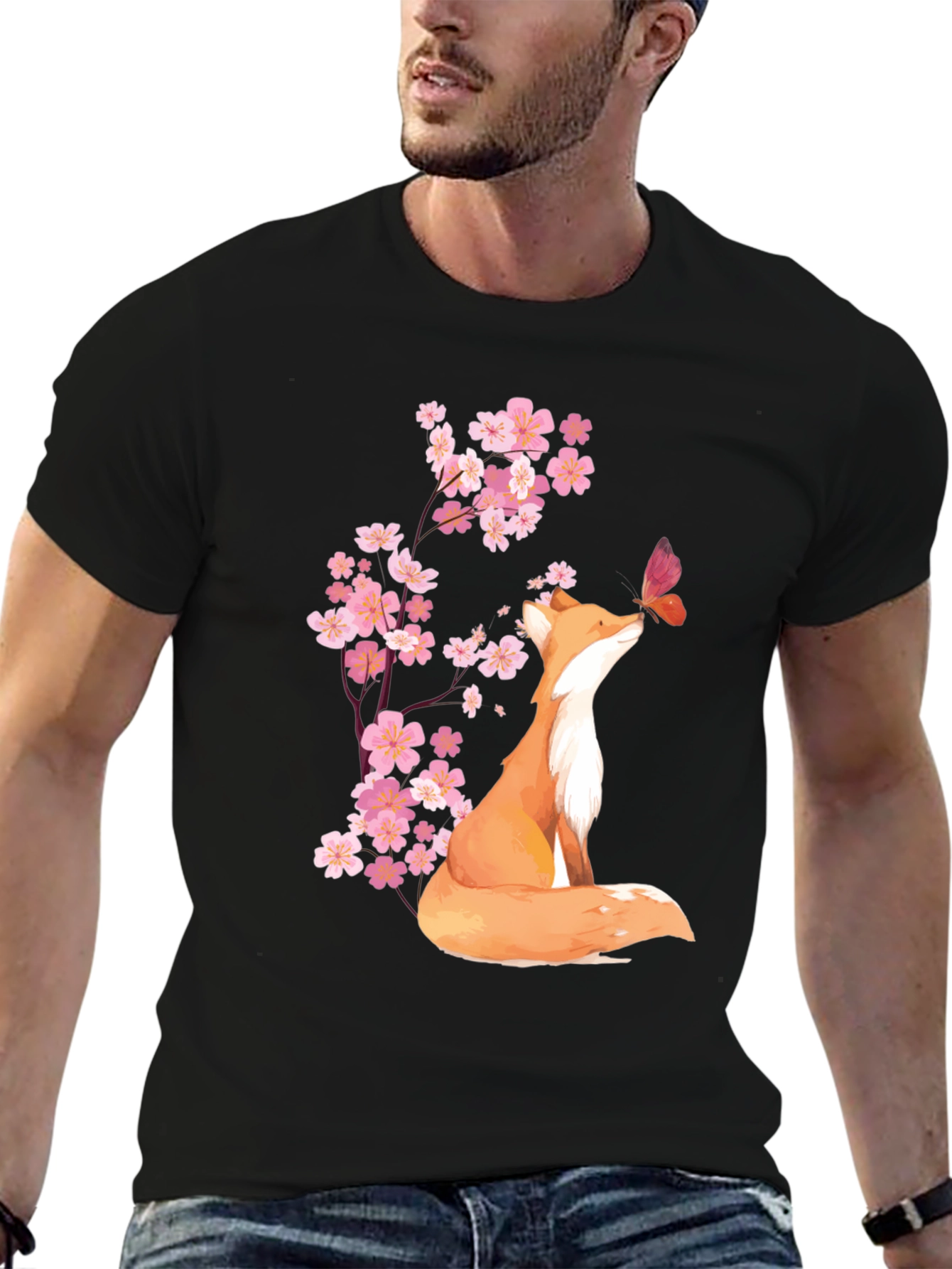 Black Fox & Cherry Blossom Graphic Tee - Soft Cotton Blend view 6