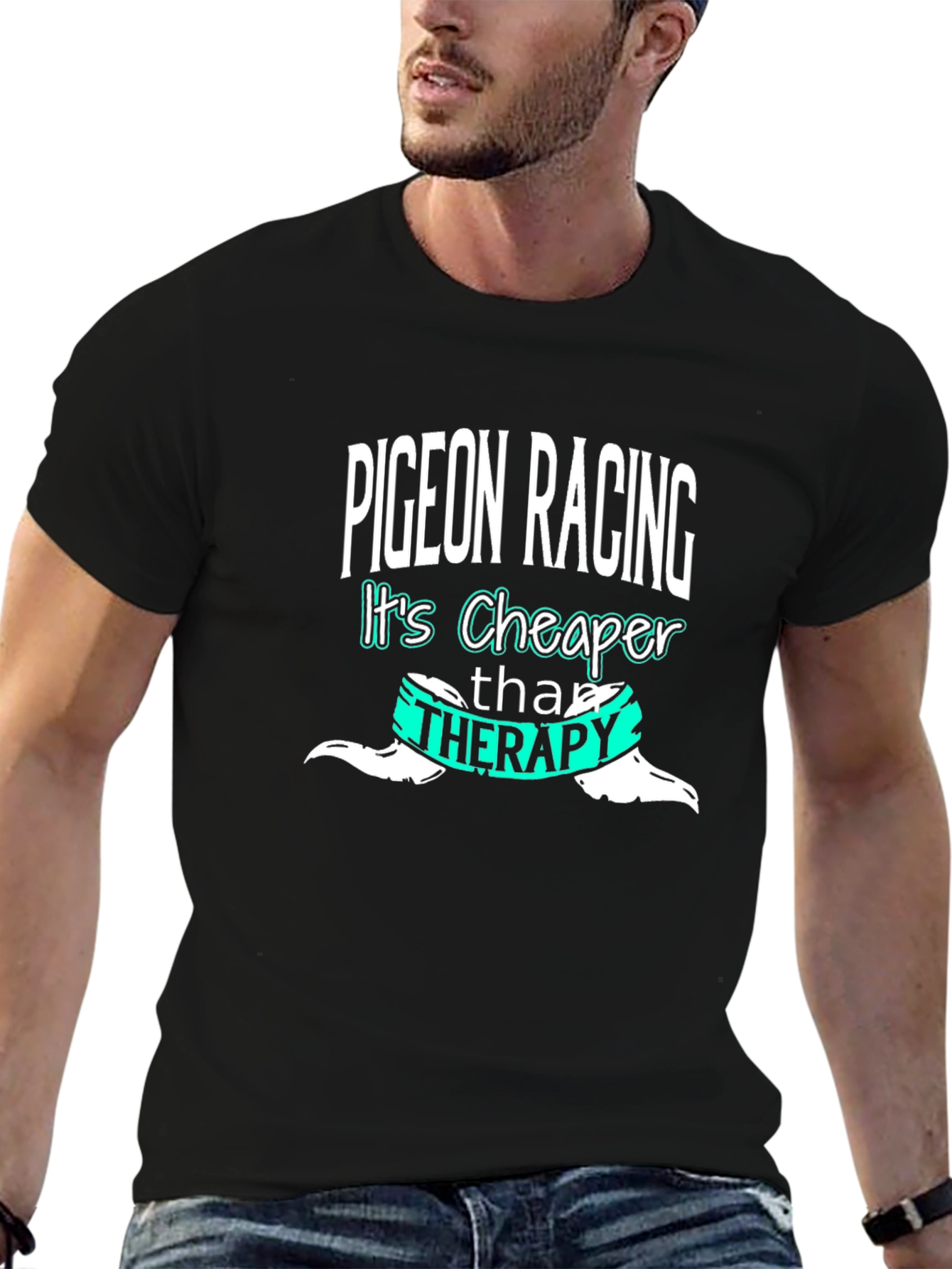 Black Pigeon Racing Cheaper Than Therapy Graphic T-Shirt view 6