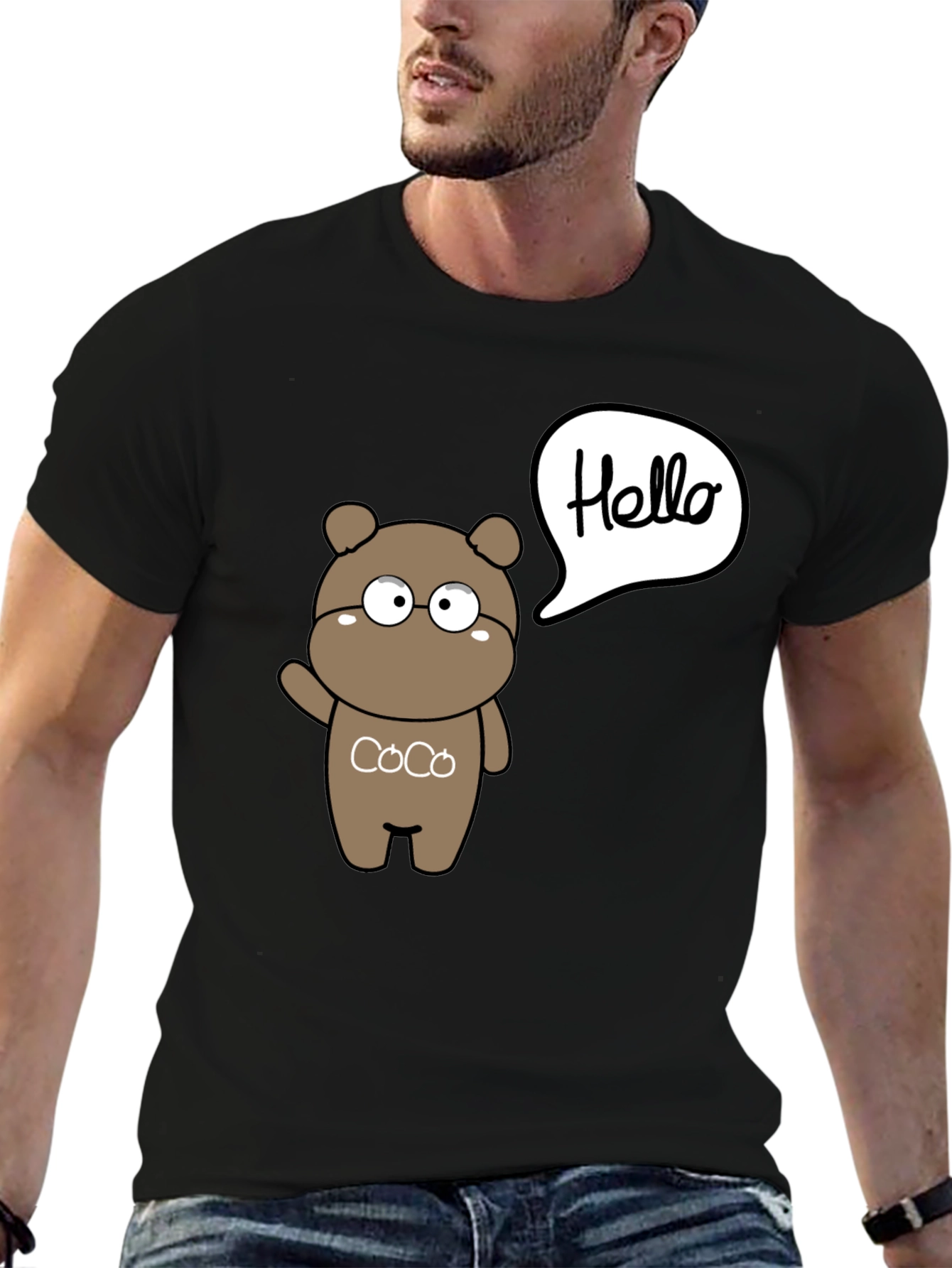 Black Cute Cartoon Bear Hello Graphic Black T-Shirt view 6