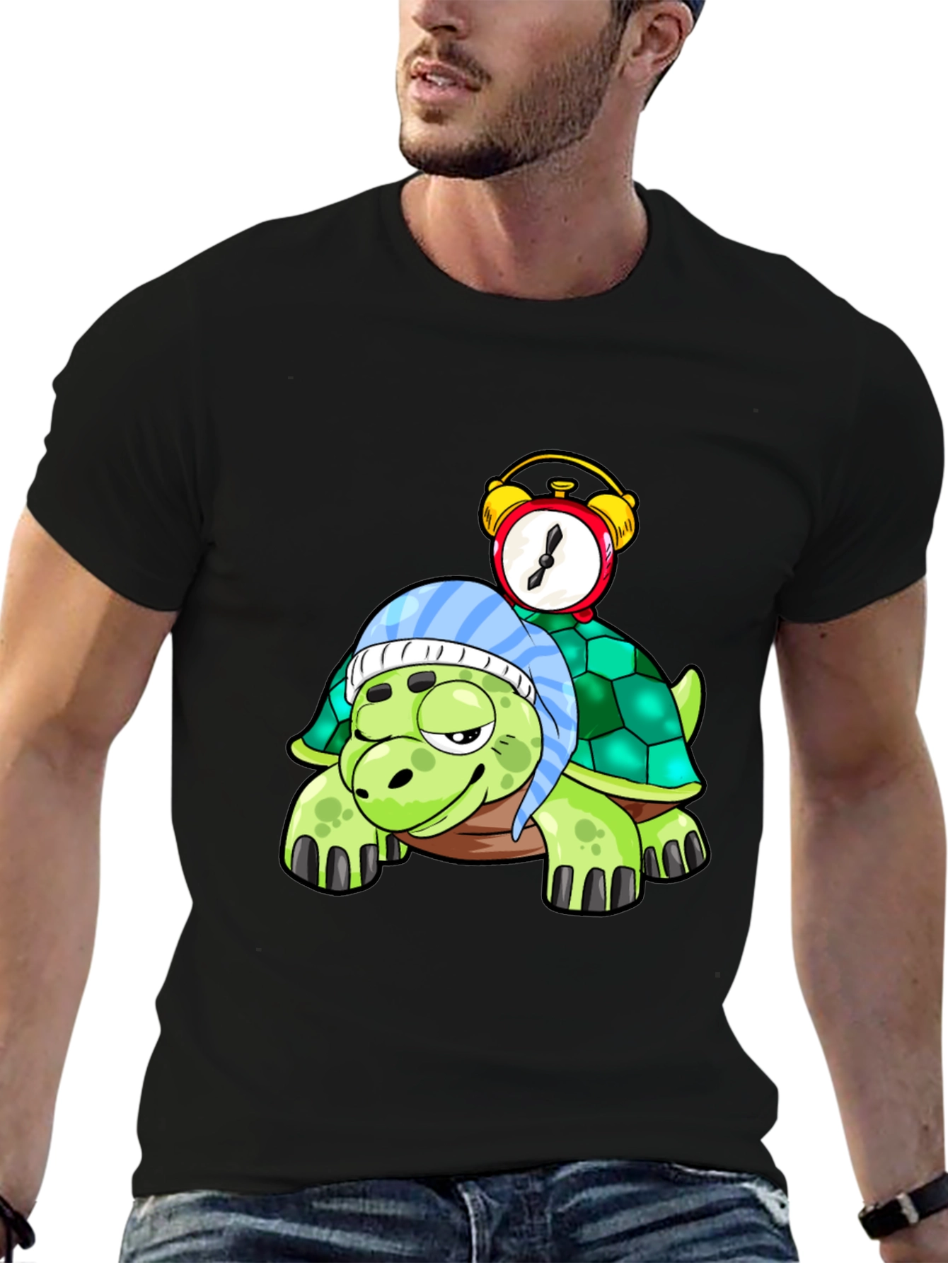 Black Cartoon Turtle with Alarm Clock T-Shirt view 6