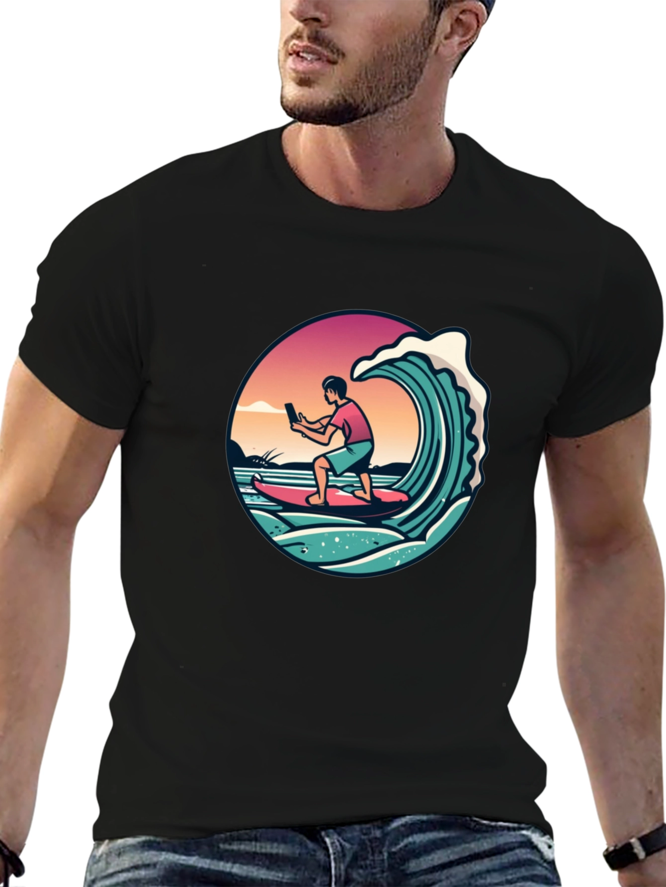 Surfing Selfie Black T-Shirt - 6