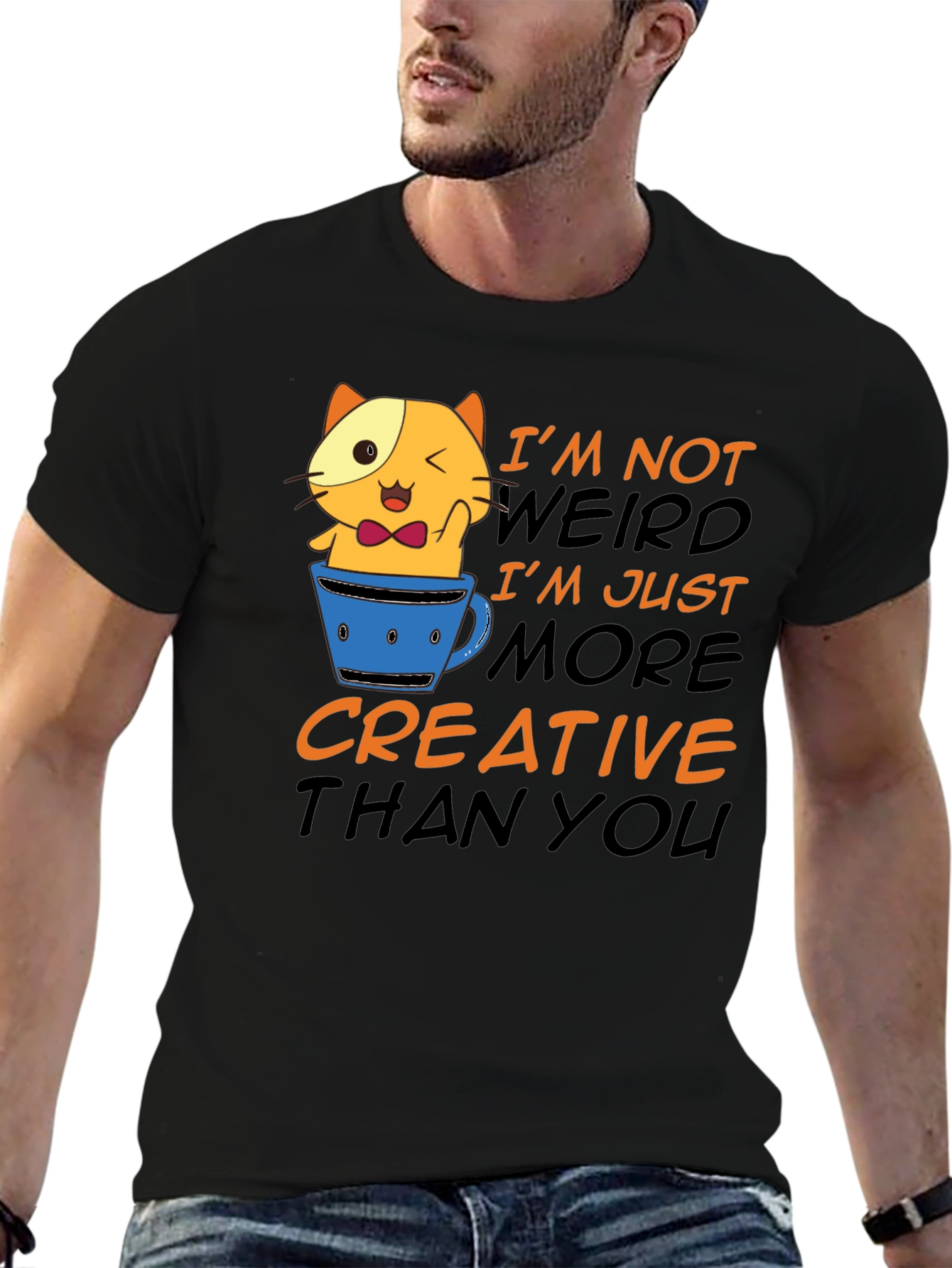Black Creative Cat T-Shirt - Funny Graphic Tee view 6