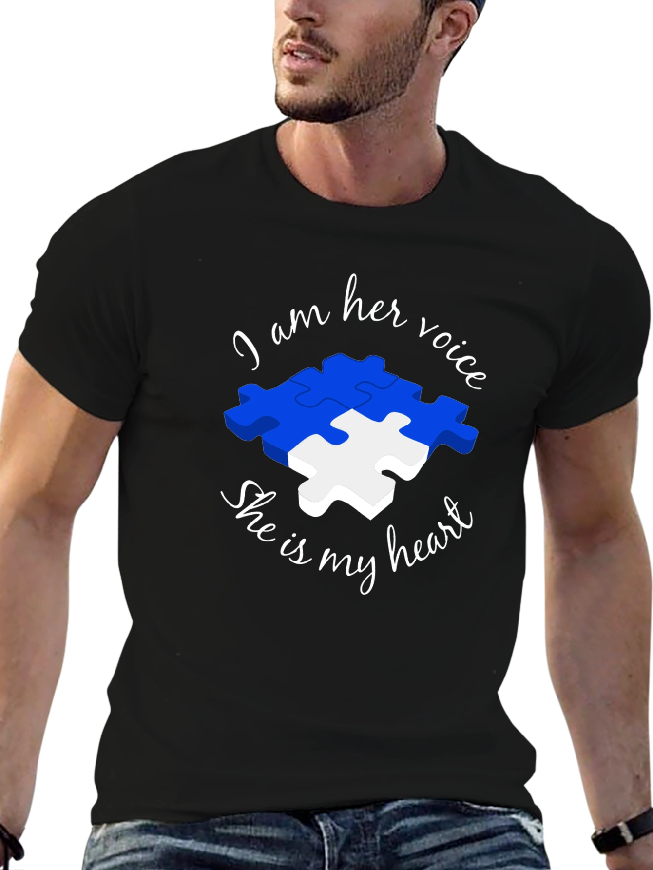 Black Autism Awareness Puzzle Piece T-Shirt - Voice and Heart view 6
