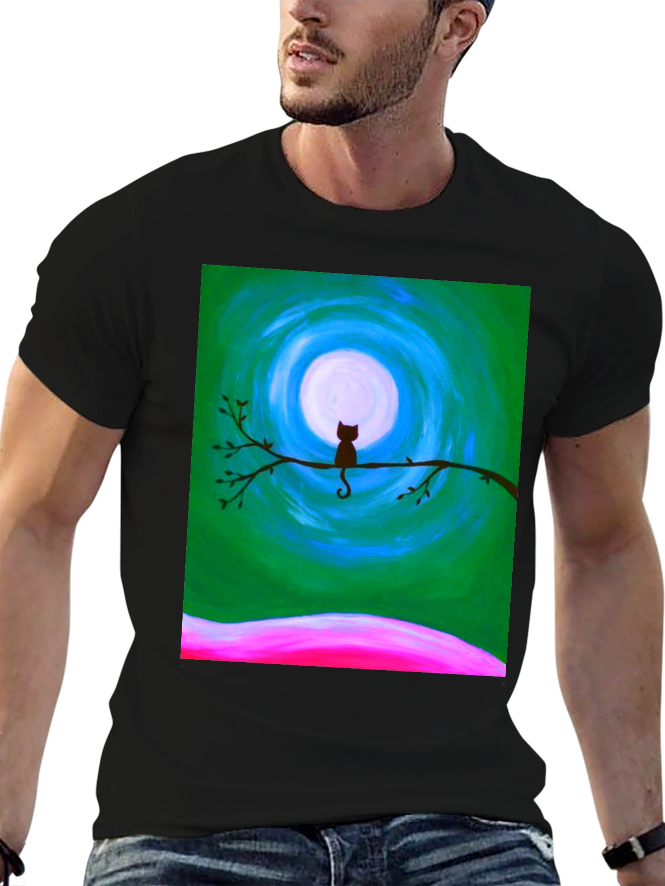 Black Cat on Branch Graphic Tee - Unique Art Design view 6