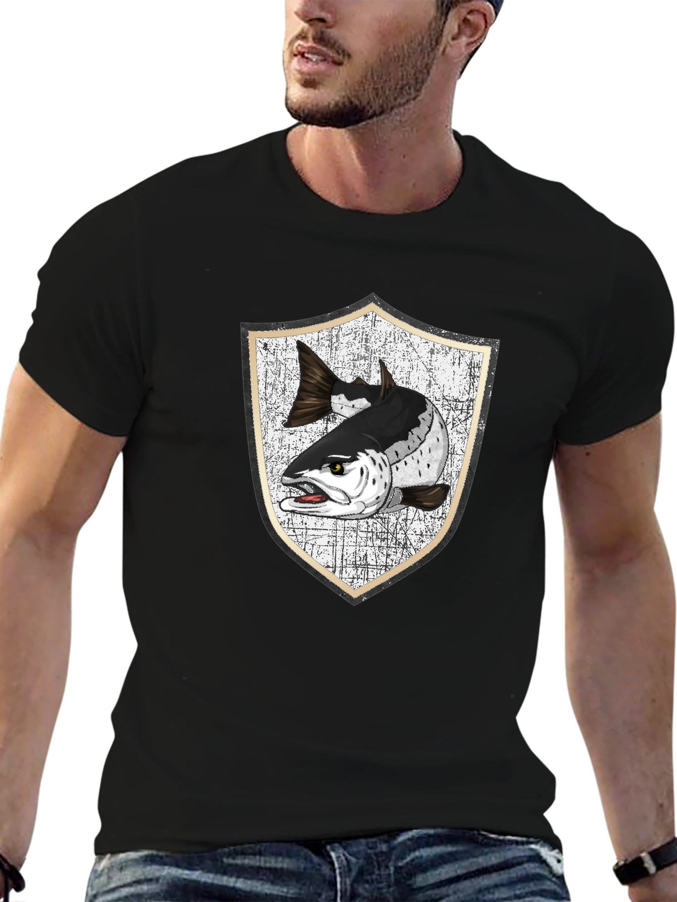 Men's Black T-Shirt with Fish Crest Graphic - 6