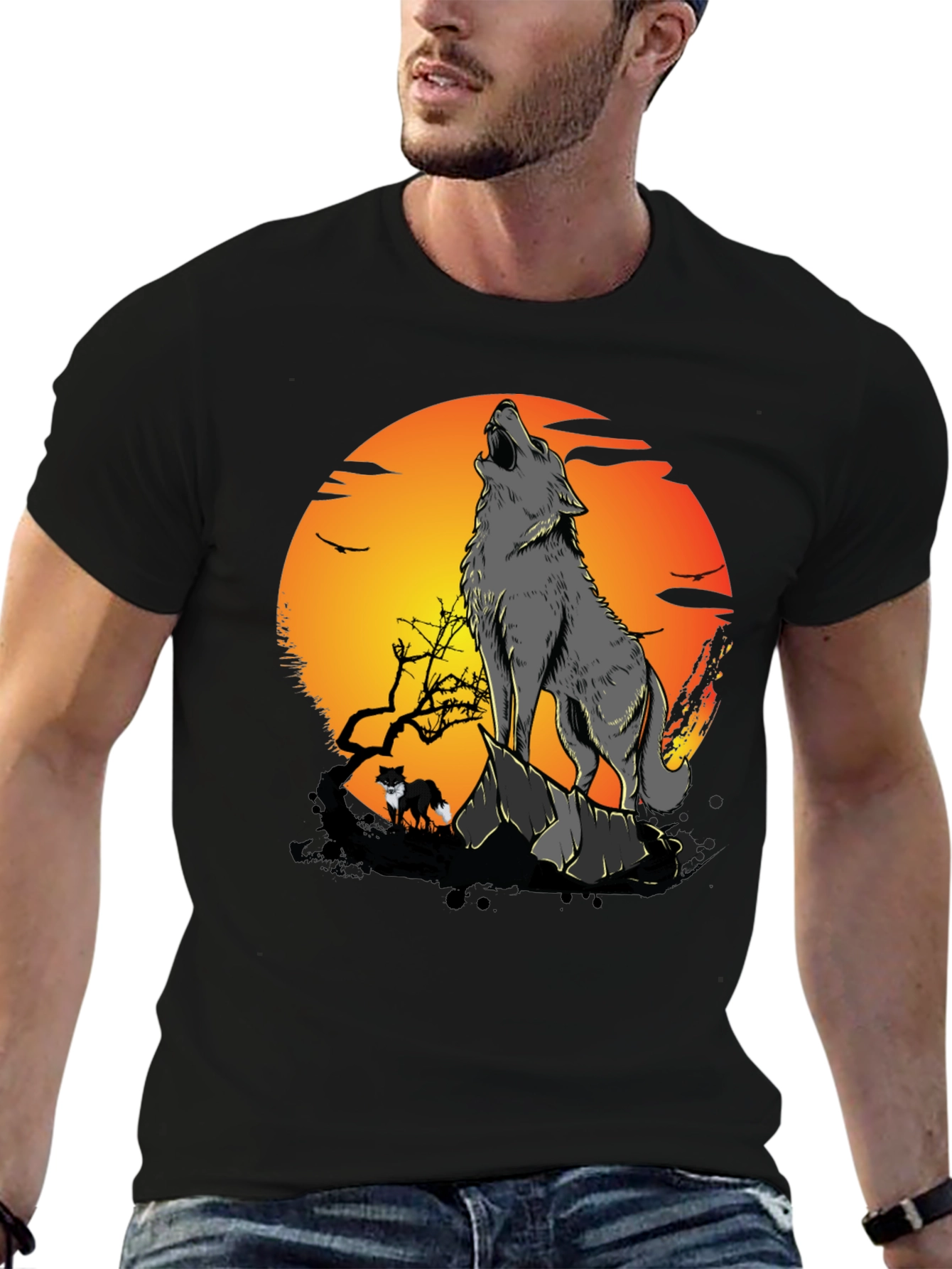 Black Wolf Howling at Moon Graphic Tee view 6