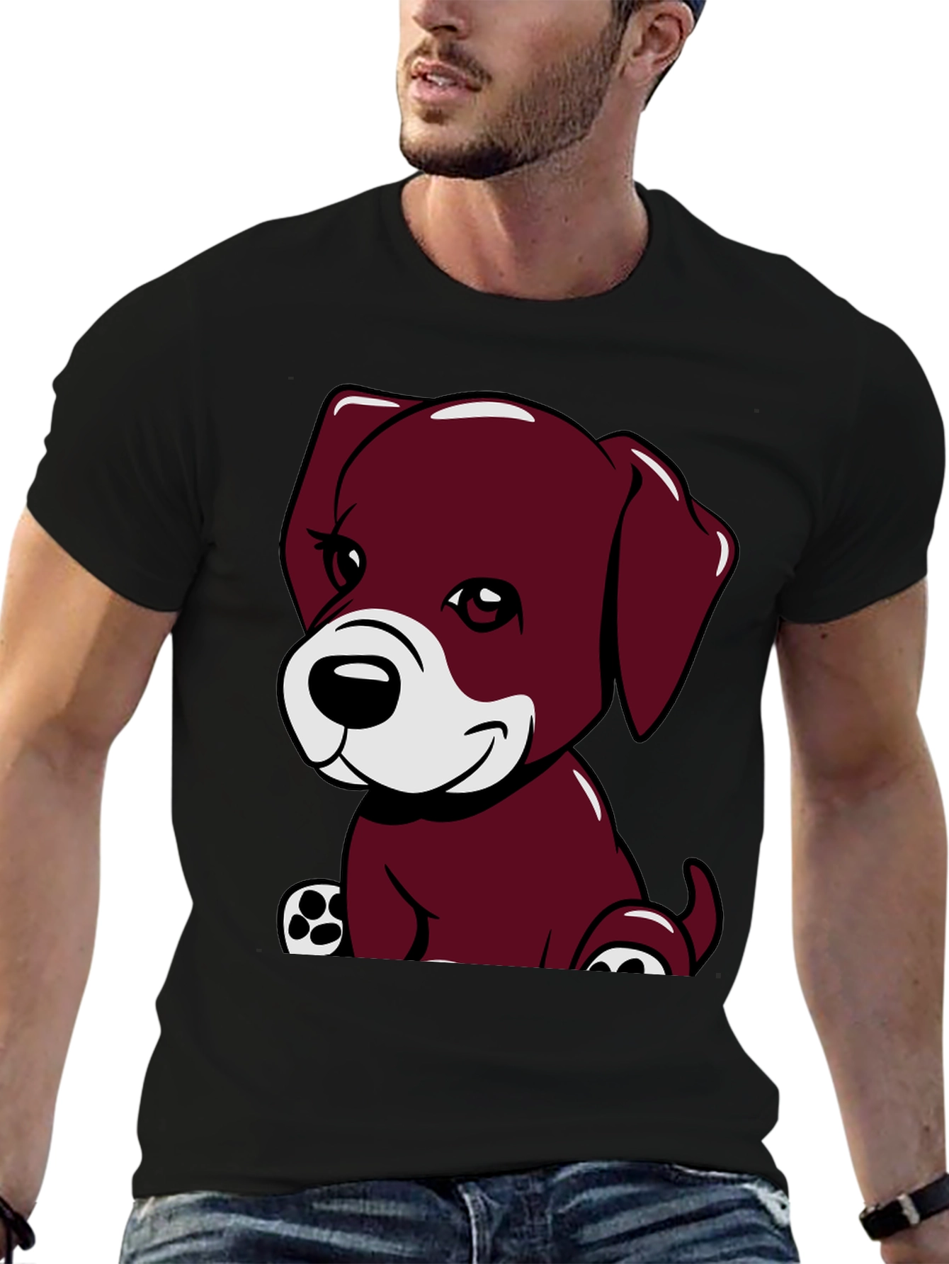 Black Cute Puppy Graphic Tee - Black Cotton Comfort view 6