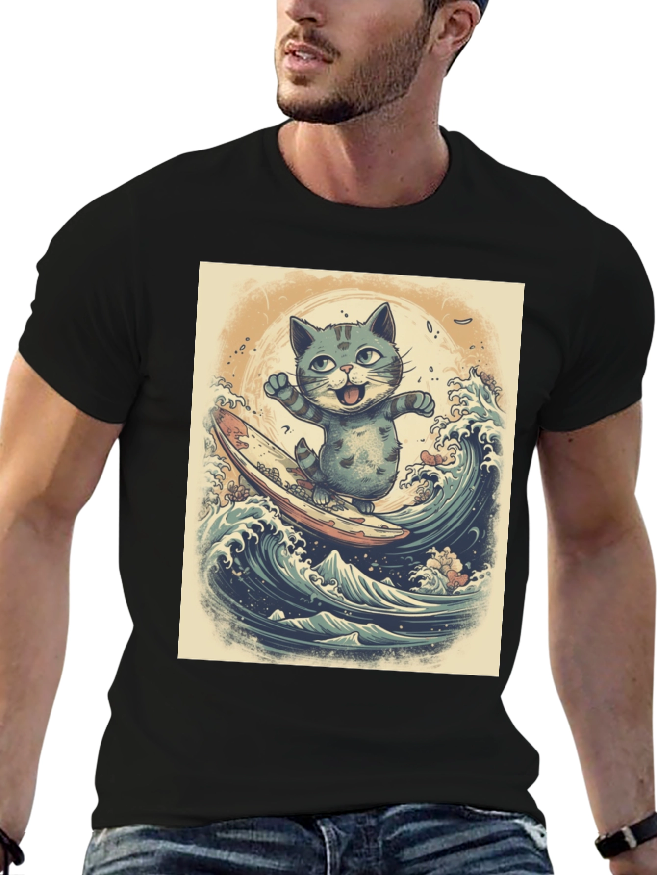 Black Cat Surfing Graphic Tee - Black Cotton Blend view 6