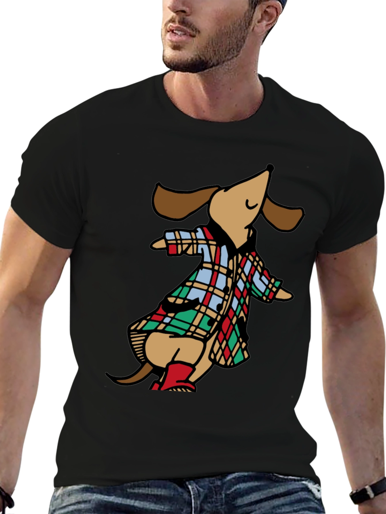Black Dachshund in Plaid Raincoat T-Shirt view 6