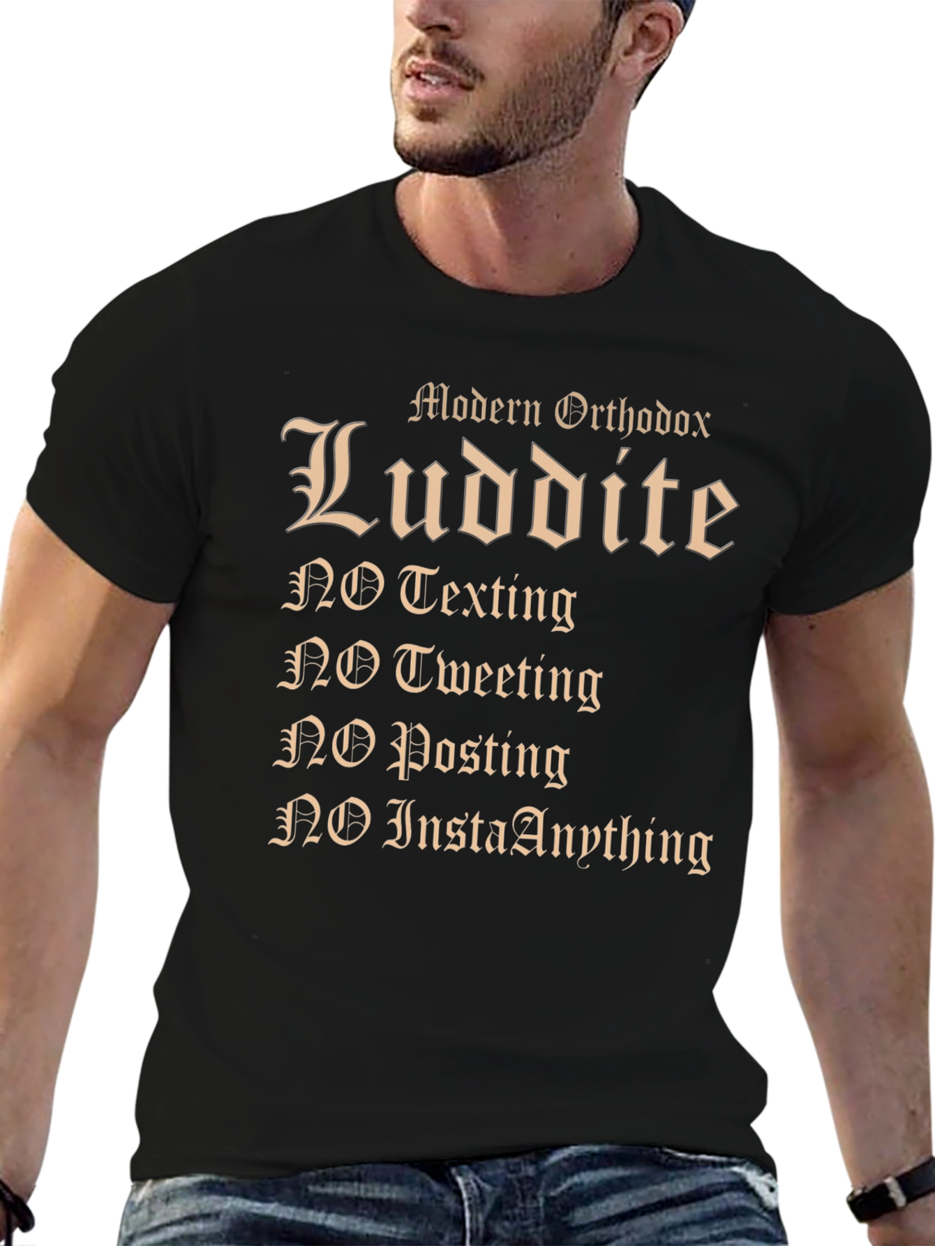 Black Modern Orthodox Luddite Novelty T-Shirt view 6