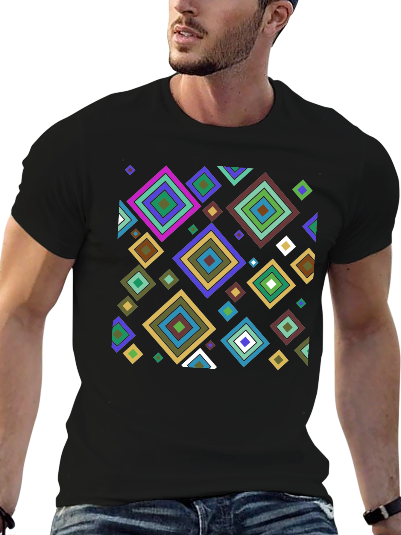 Black Geometric Diamond Pattern Black T-Shirt view 6