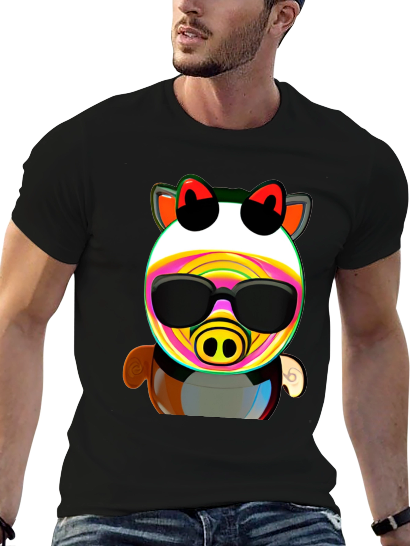 Black Cartoon Pig in Sunglasses Graphic Tee - Black view 6