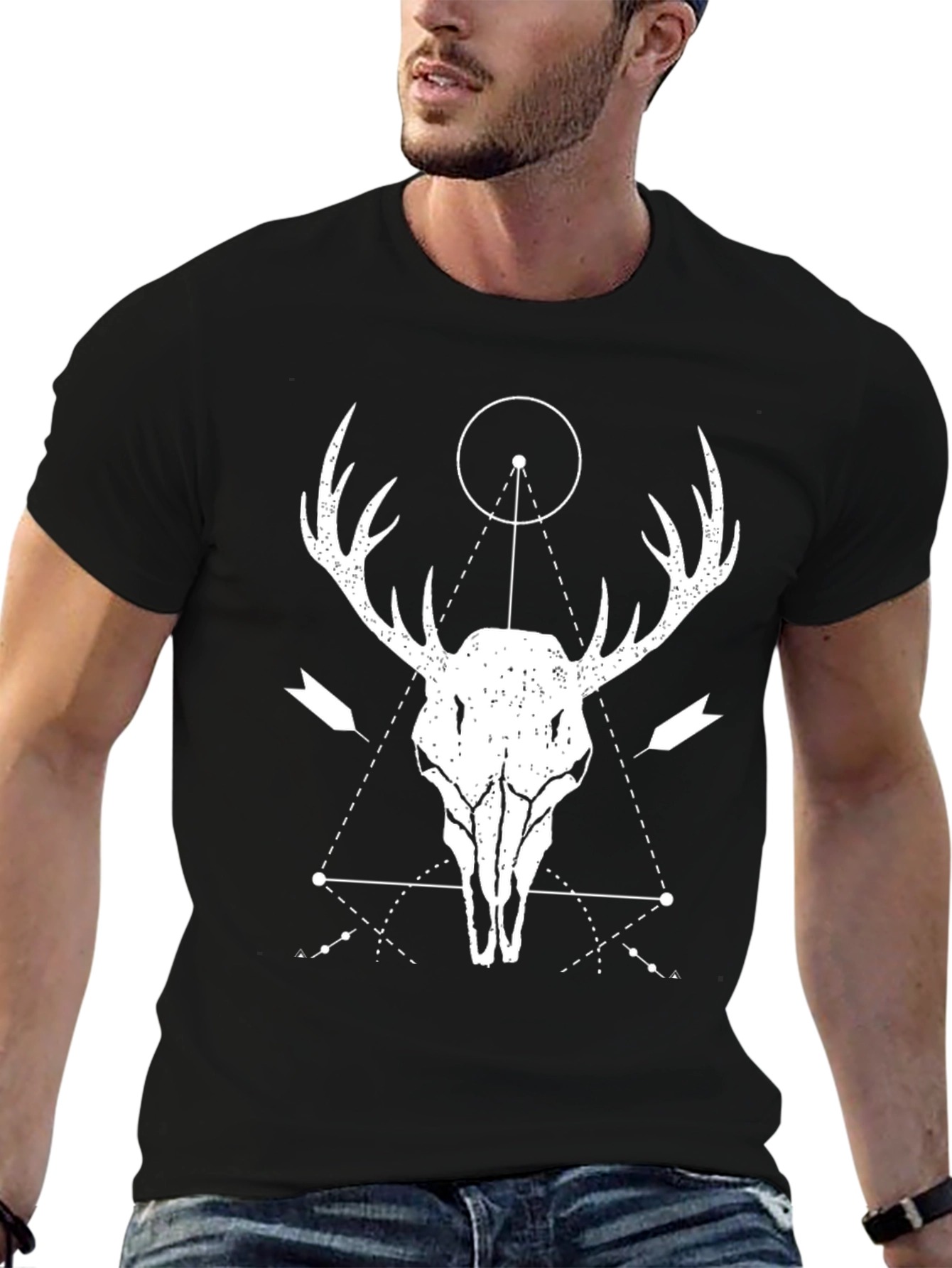Black Geometric Deer Skull Graphic T-Shirt view 6